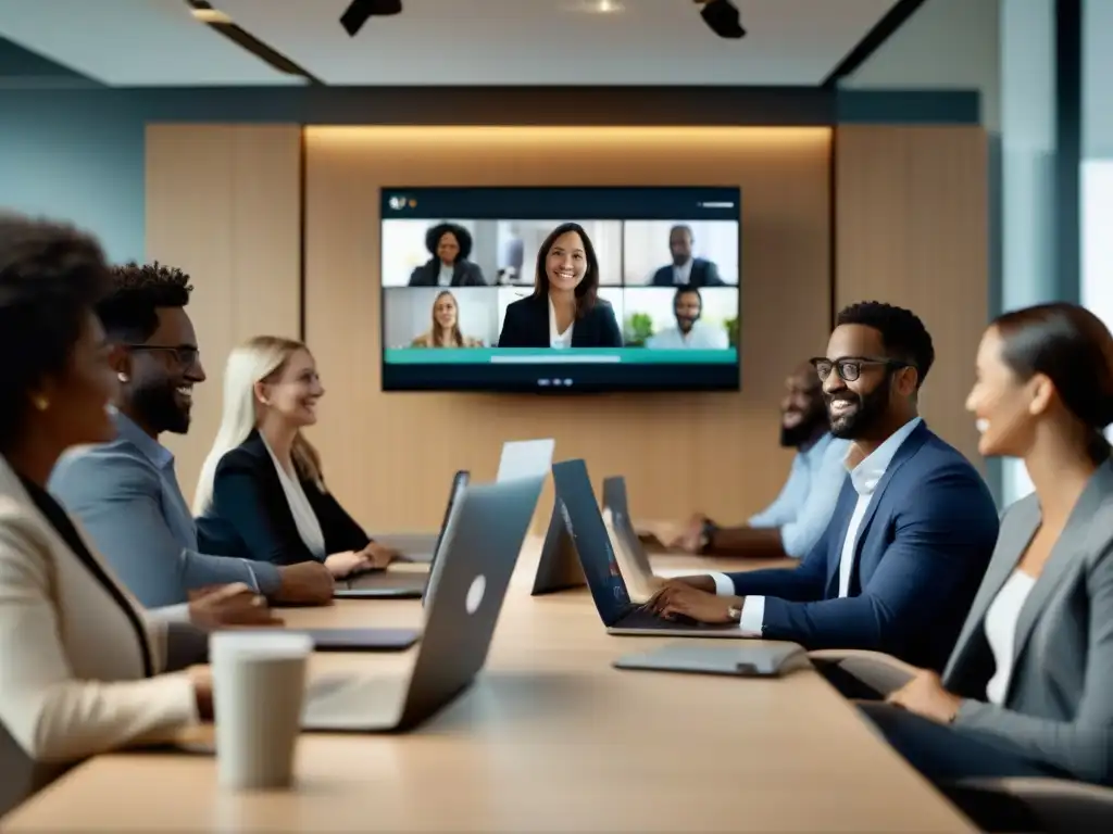 Reunión productiva en oficina moderna con Amazon Chime Profesionales colaborando en una oficina moderna con Integración de Chime en Ambientes Corporativos durante una videoconferencia productiva