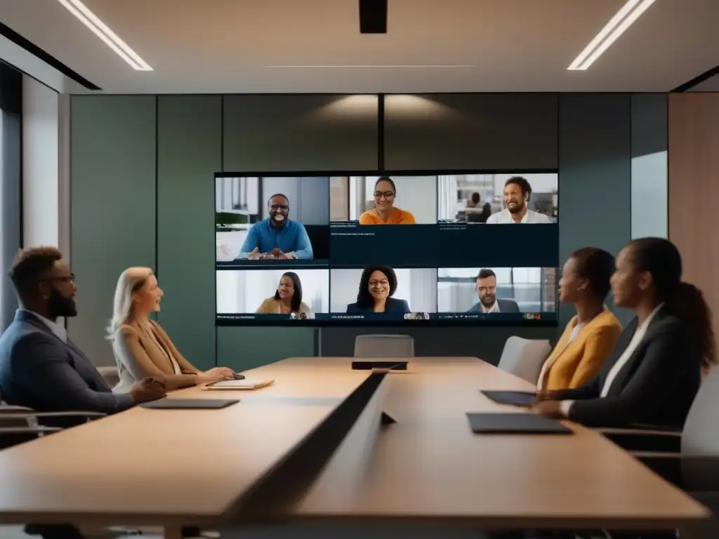 Equipo diverso colaborando en videoconferencia con Basecamp y Zoom Profesionales colaboran en una oficina moderna, con integración de videoconferencias en Basecamp para gestión eficiente de proyectos