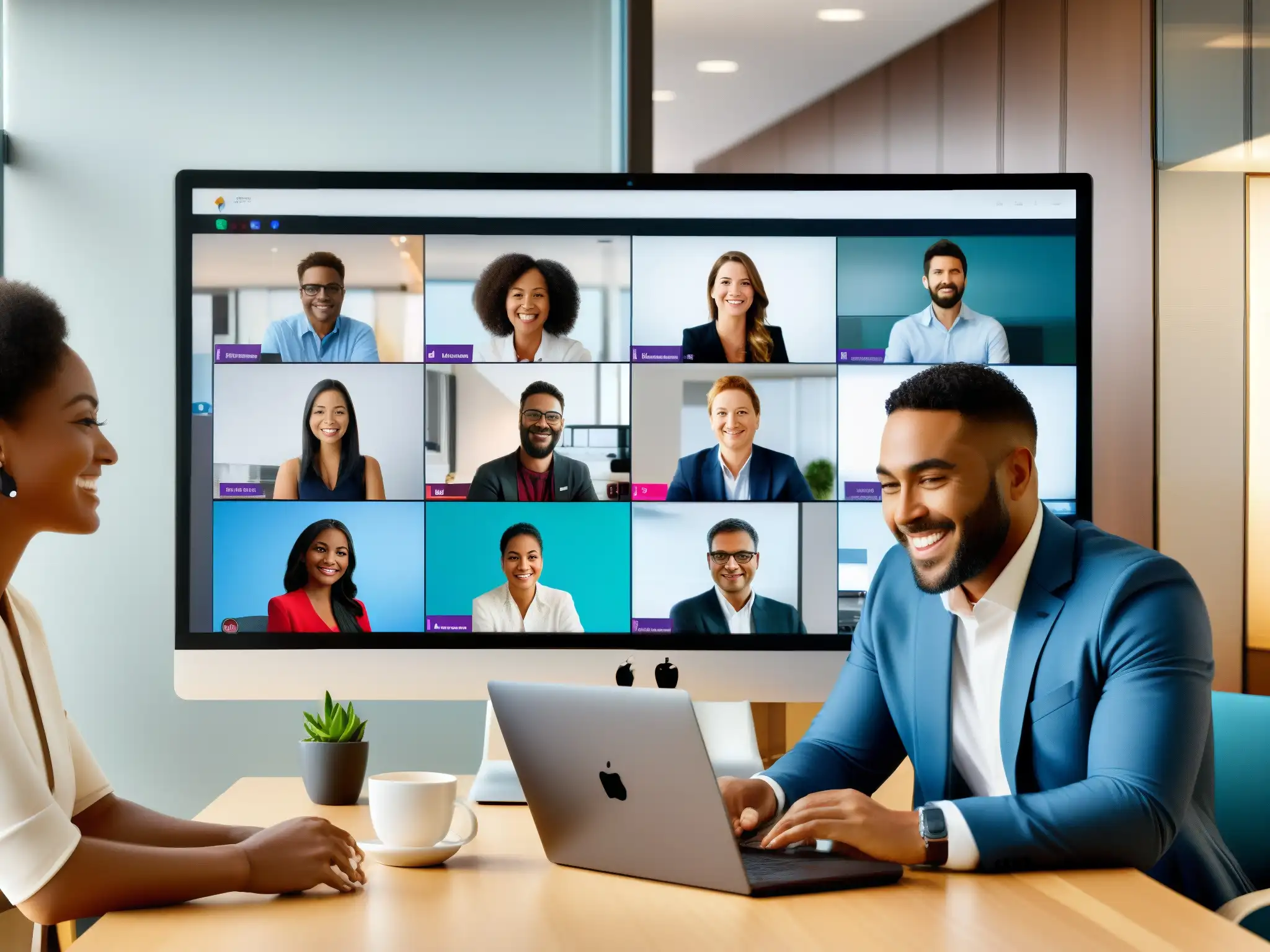 Equipo diverso en videoconferencia: colab Profesionales colaborando en una oficina moderna con integración de videoconferencia en Slack