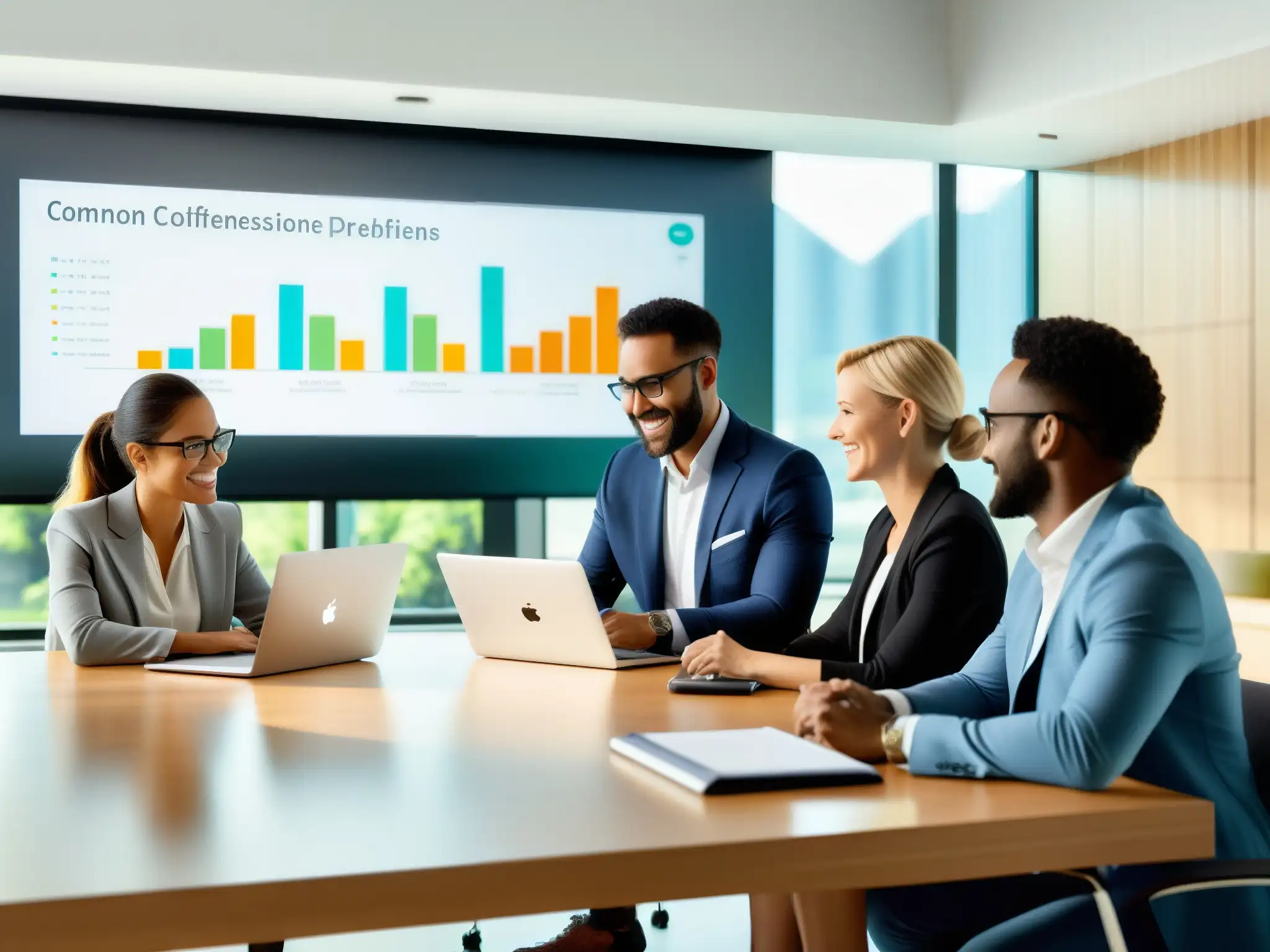 Reunión productiva con Webex y CRM en oficina moderna Profesionales colaborando con Webex y CRM en una oficina moderna y luminosa, proyectando datos en pantalla