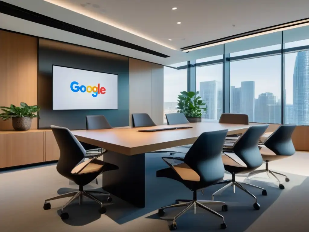 Sala de reuniones virtuales profesionales con Google Meet Profesionales utilizan Google Meet en oficina moderna con las mejores herramientas de videoconferencia para teletrabajo