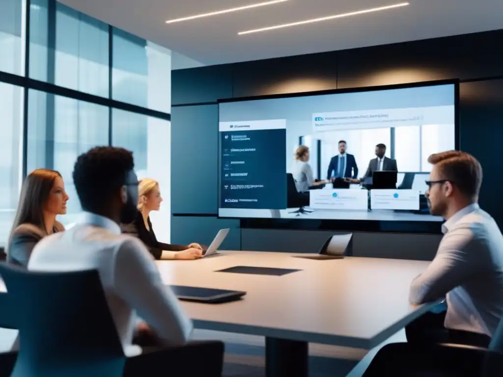 Profesionales en videoconferencia gestionan alerta de seguridad Profesionales en una oficina moderna, formulando un plan de respuesta rápida para incidentes de seguridad en videoconferencias