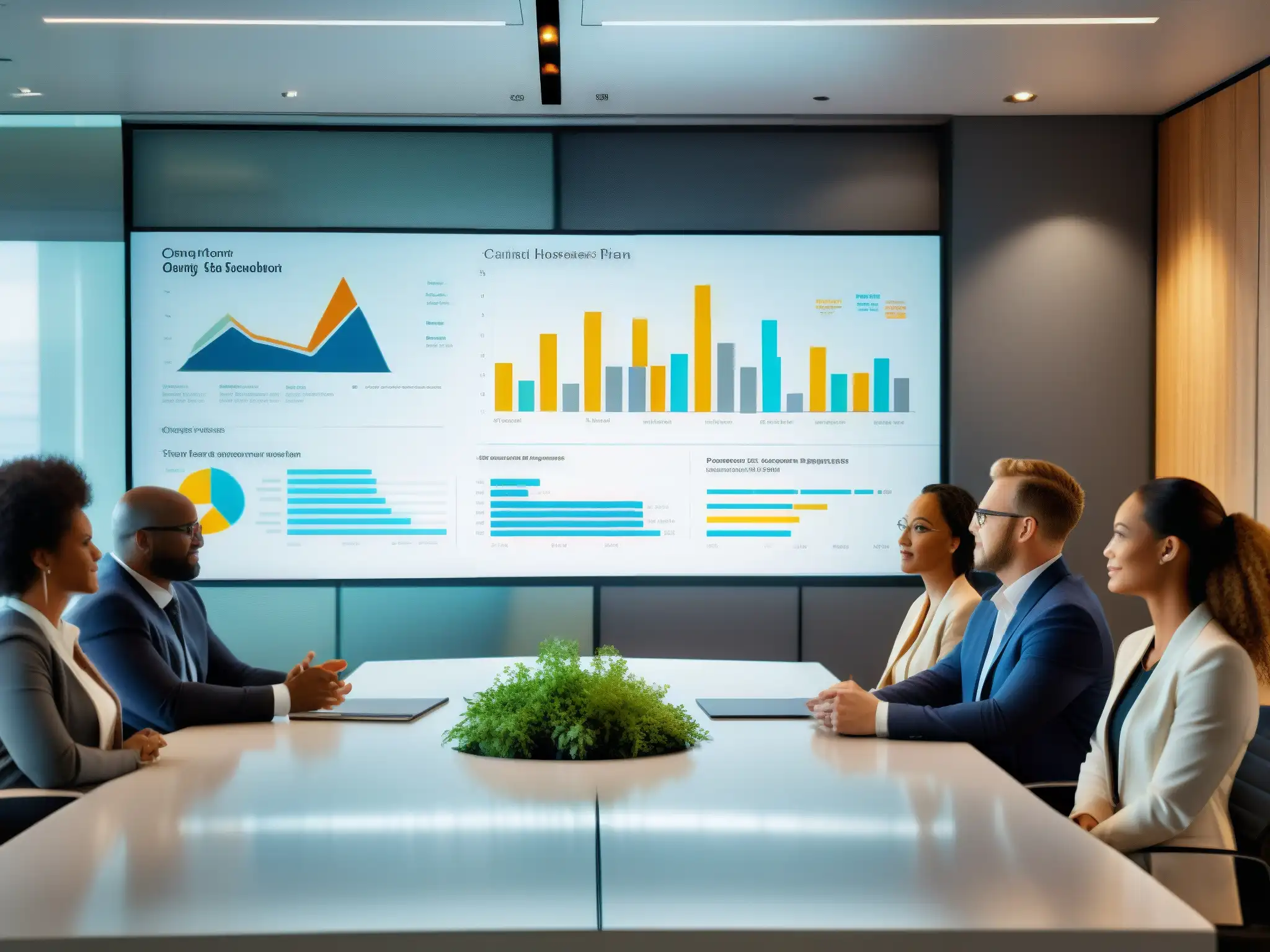 Equipo multidisciplinario en sala de crisis Profesionales en una oficina moderna discuten el Plan de Gestión de Crisis en pantalla, reflejando colaboración y comunicación efectiva