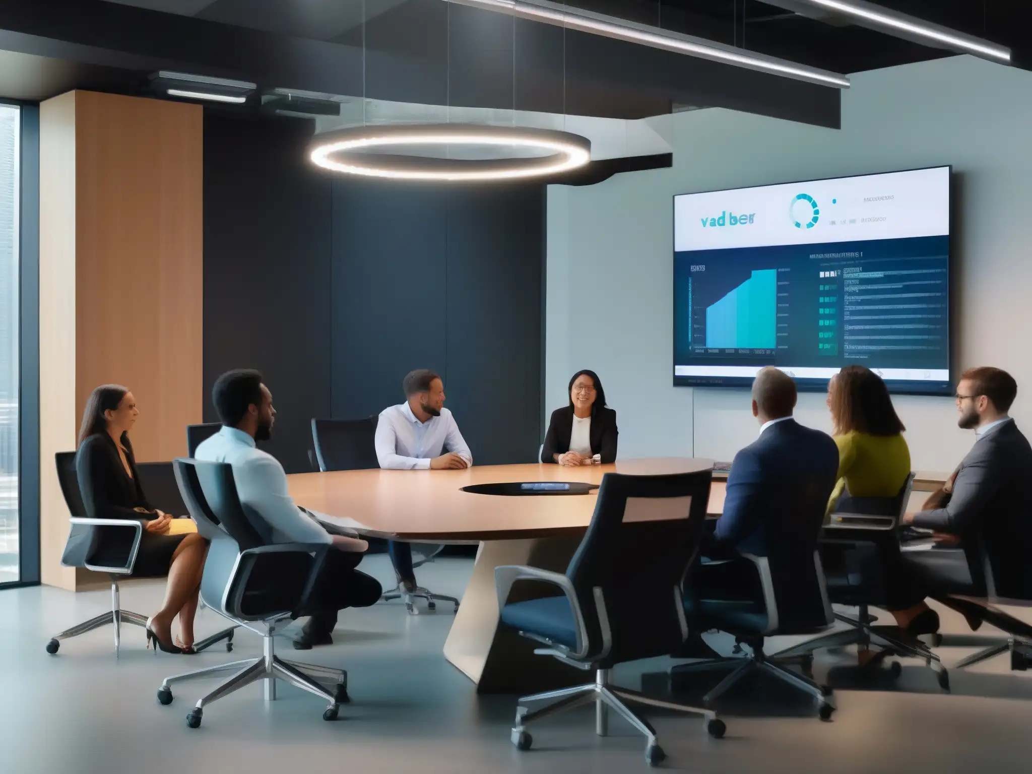 Equipo en reunión con sistema de videoconferencia StarLeaf Profesionales en una oficina moderna con plataforma de videoconferencia StarLeaf para PYMES, colaborando en una reunión productiva y tecnológica