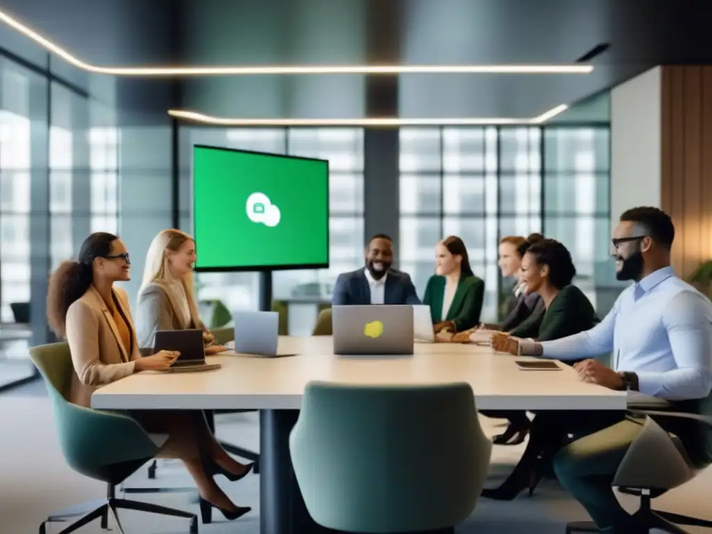 Profesionales modernos usando WhatsApp Business y videoconferencias Profesionales en una oficina moderna, usando WhatsApp Business y plataformas de videoconferencia