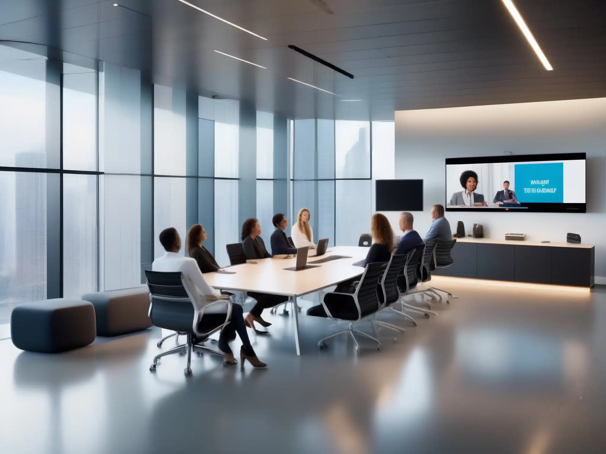 Oficina moderna con videoconferencia y colaboración dinámica Profesionales colaborando en una oficina moderna con videoconferencias, transformación del reclutamiento a través de videoconferencias