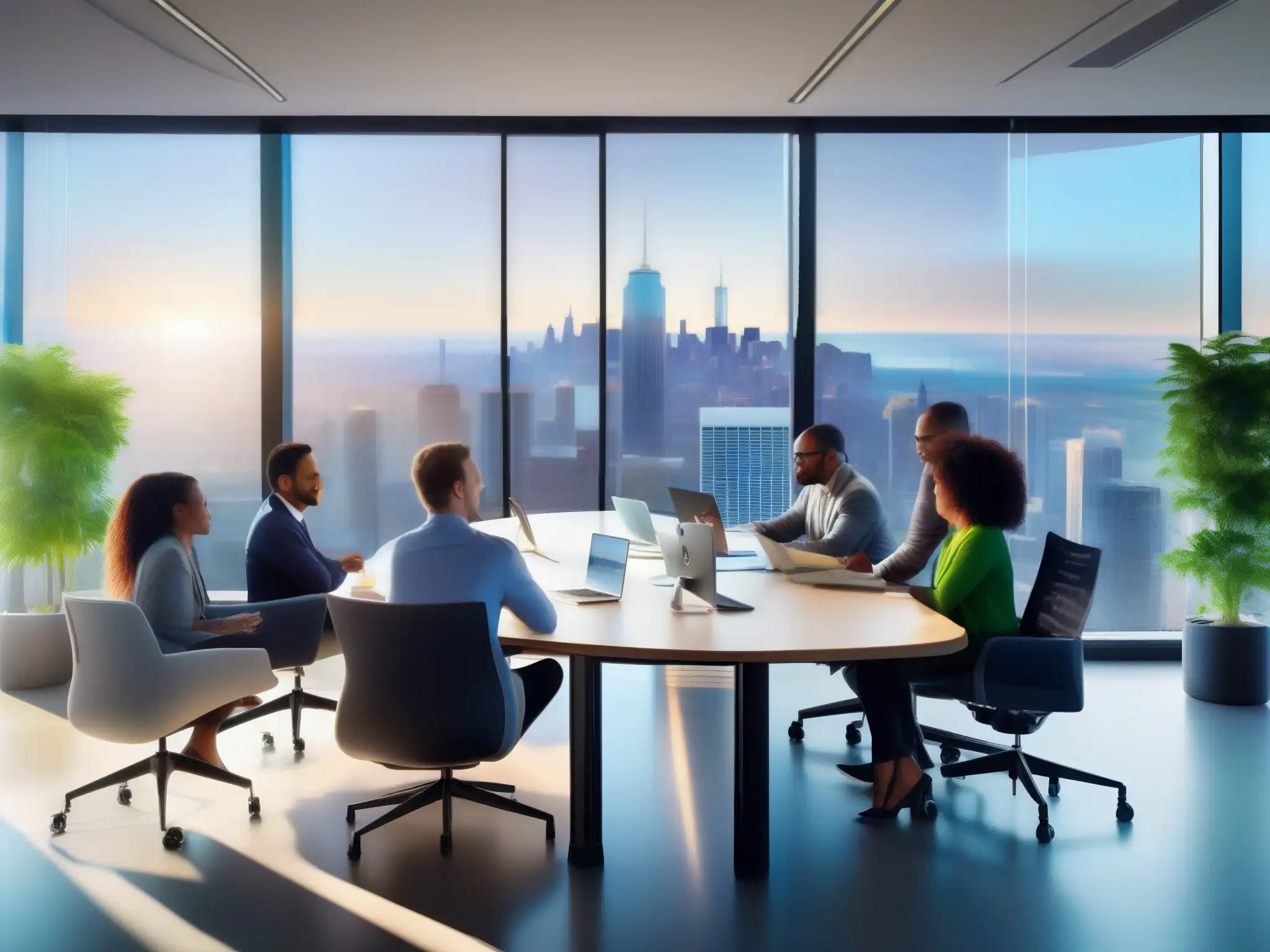 Profesionales innovadores colaborando en una oficina moderna y luminosa Profesionales colaborando en una oficina moderna con tecnología de vanguardia y vistas a la ciudad
