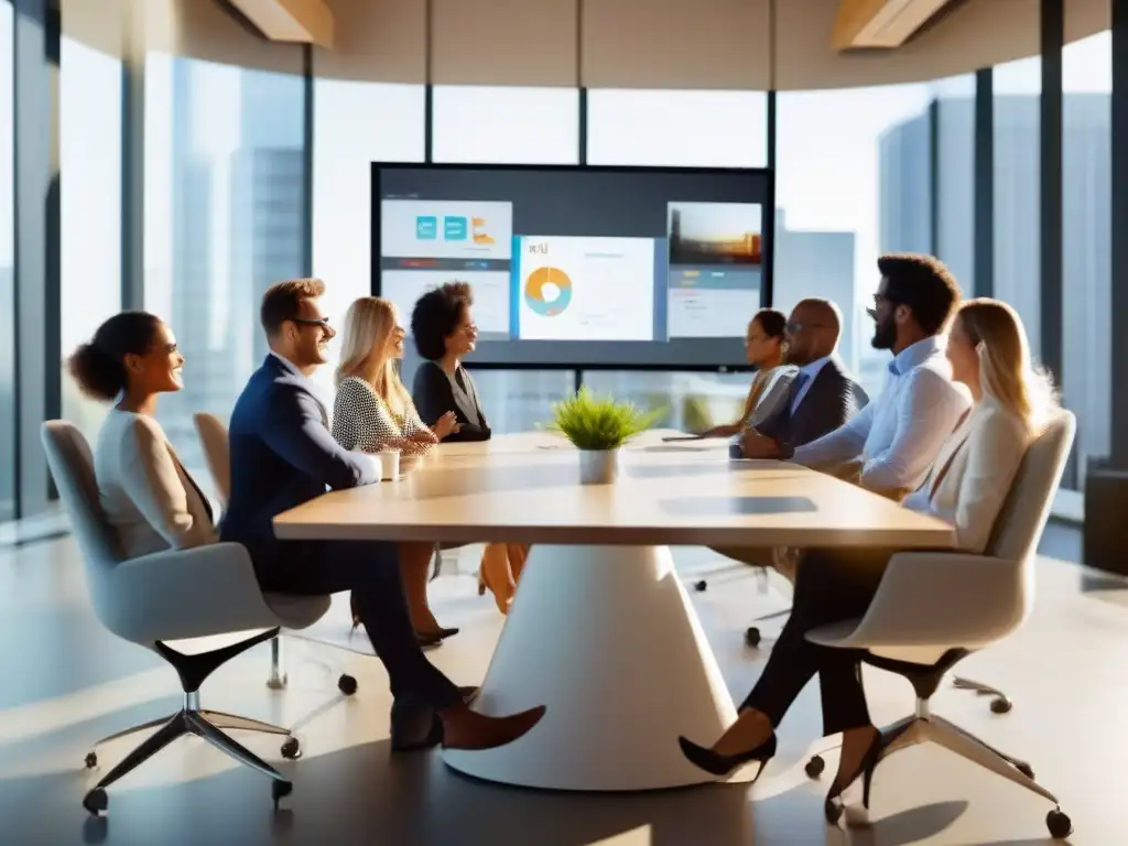 Reunión virtual dinámica con Dialpad Meetings Profesionales en una oficina moderna, con tecnología para videoconferencias