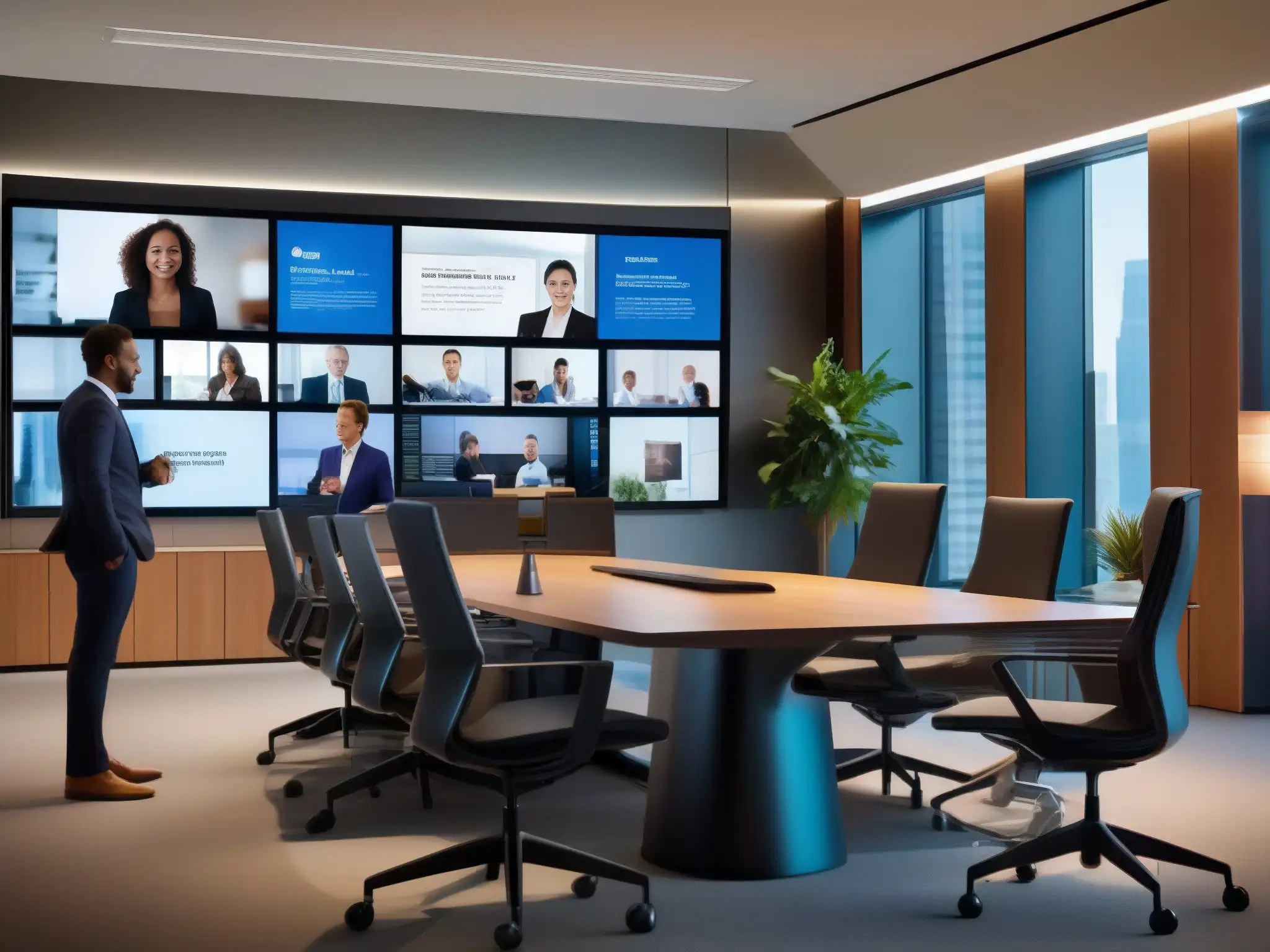 Oficina moderna con tecnología de videoconferencia futurista Profesionales en una oficina moderna, colaborando con tecnologías emergentes de videoconferencias, reflejando el impacto del teletrabajo