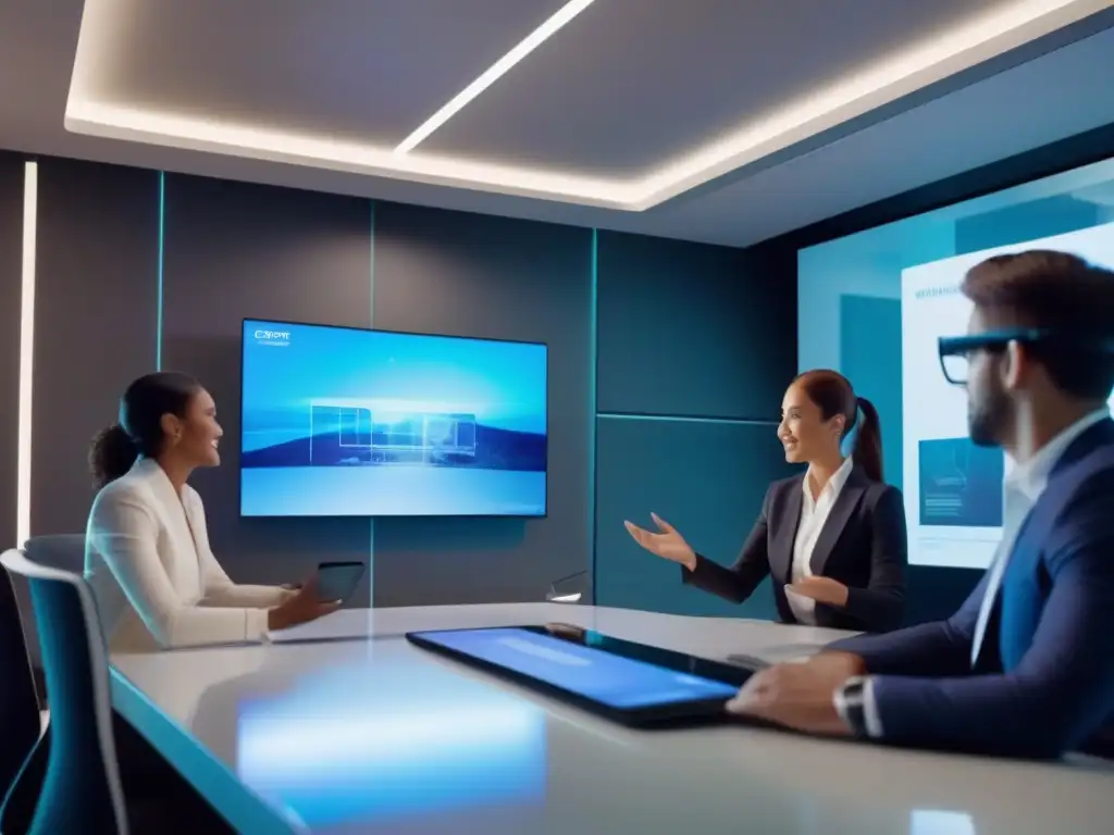 Oficina moderna con realidad aumentada y videoconferencia Profesionales en una oficina moderna utilizan videoconferencia y realidad aumentada para discutir innovaciones en el mundo de las startups