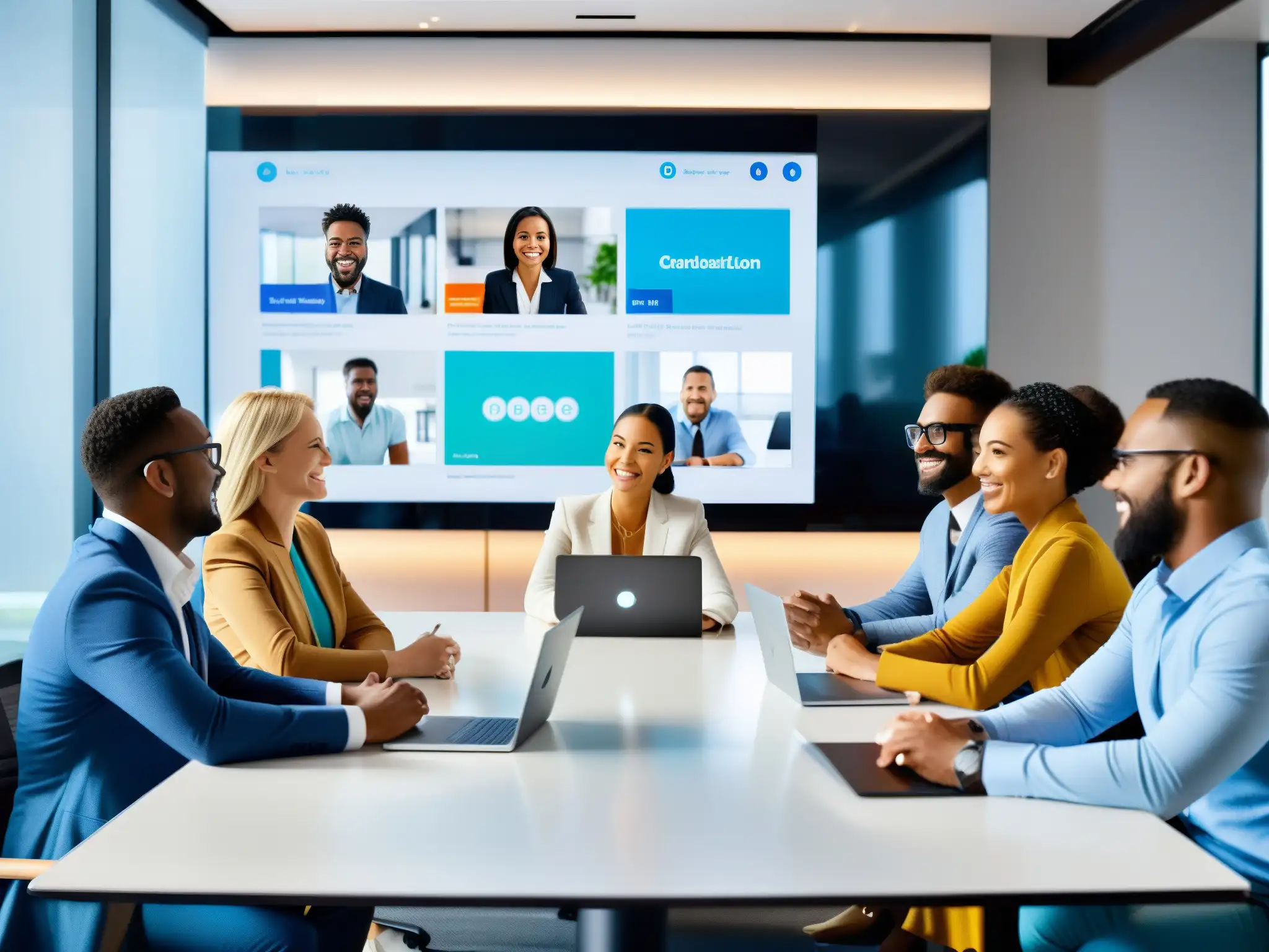 Reunión virtual dinámica y colaborativa de profesionales en oficina moderna Profesionales colaborando en una oficina moderna con videoconferencia de alta tecnología, transmitiendo entusiasmo y estrategias de monetización