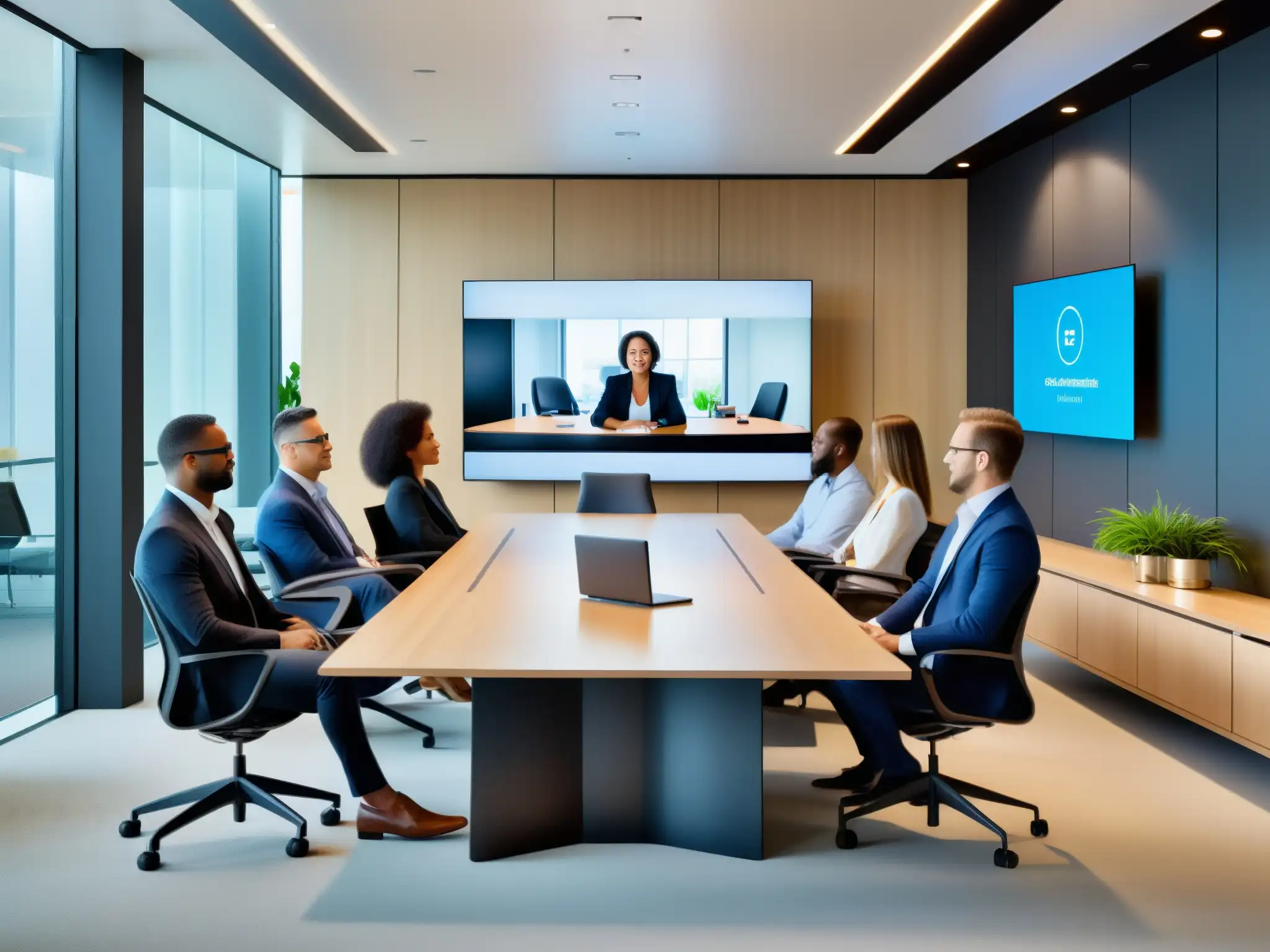 Videoconferencia profesional en espacio moderno Profesionales en una oficina moderna realizando una videoconferencia con APIs para videoconferencias profesionales