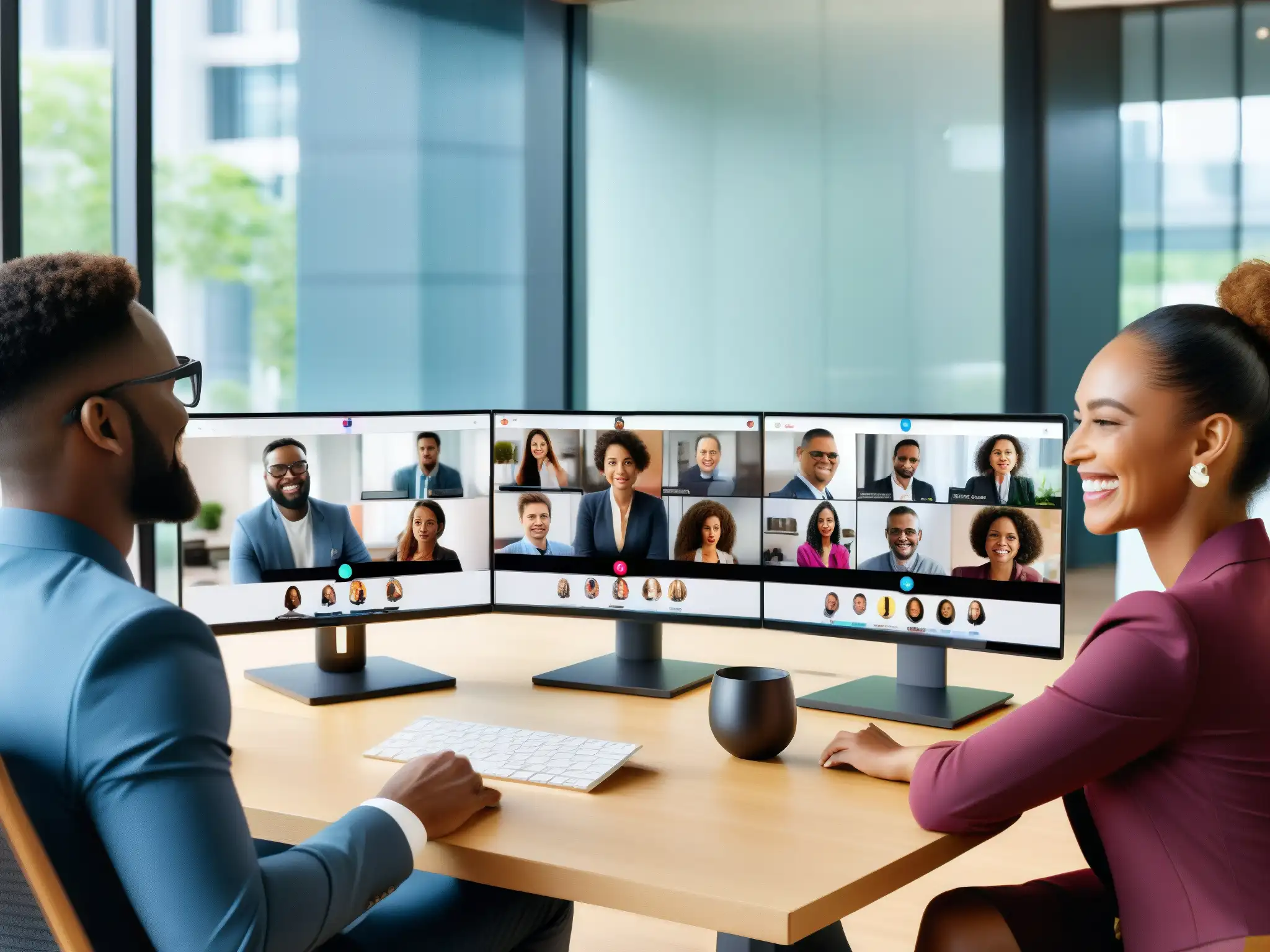 Profesionales en videoconferencia colaborativa en oficina moderna Profesionales en oficina moderna usando Slack para videollamadas, colaborando y sonriendo