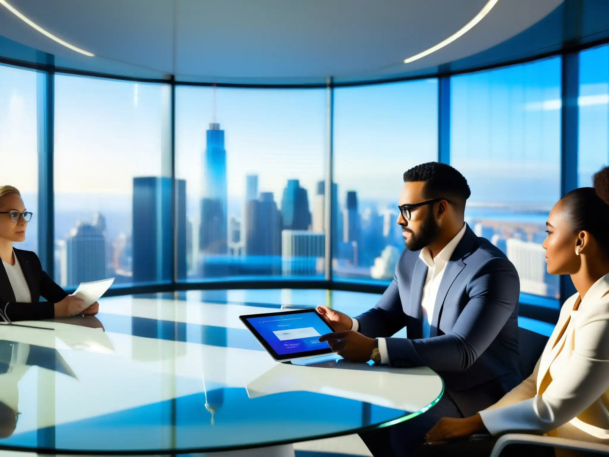 Colaboración innovadora en oficina corporativa Profesionales colaboran en una oficina moderna con vista a la ciudad, mostrando la esencia de Transformación Digital Multinacional Microsoft Teams