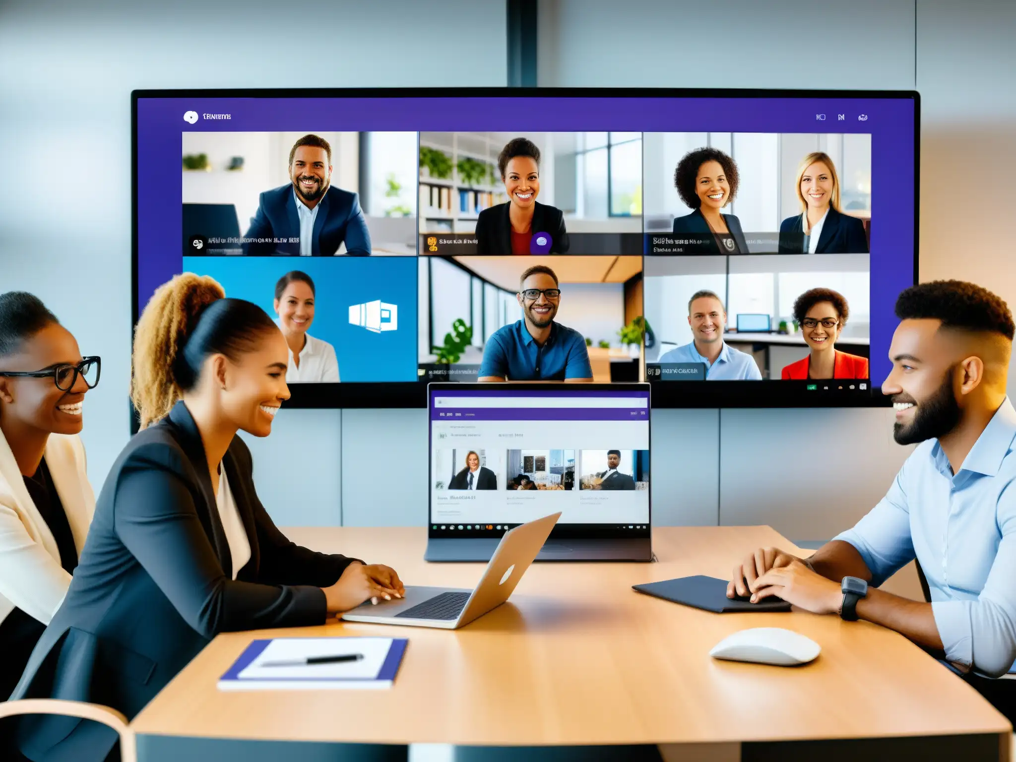 Equipo profesional colaborando en videoconferencia con Microsoft Teams Profesionales colaborando en una oficina moderna, con integración Microsoft Teams y Office 365