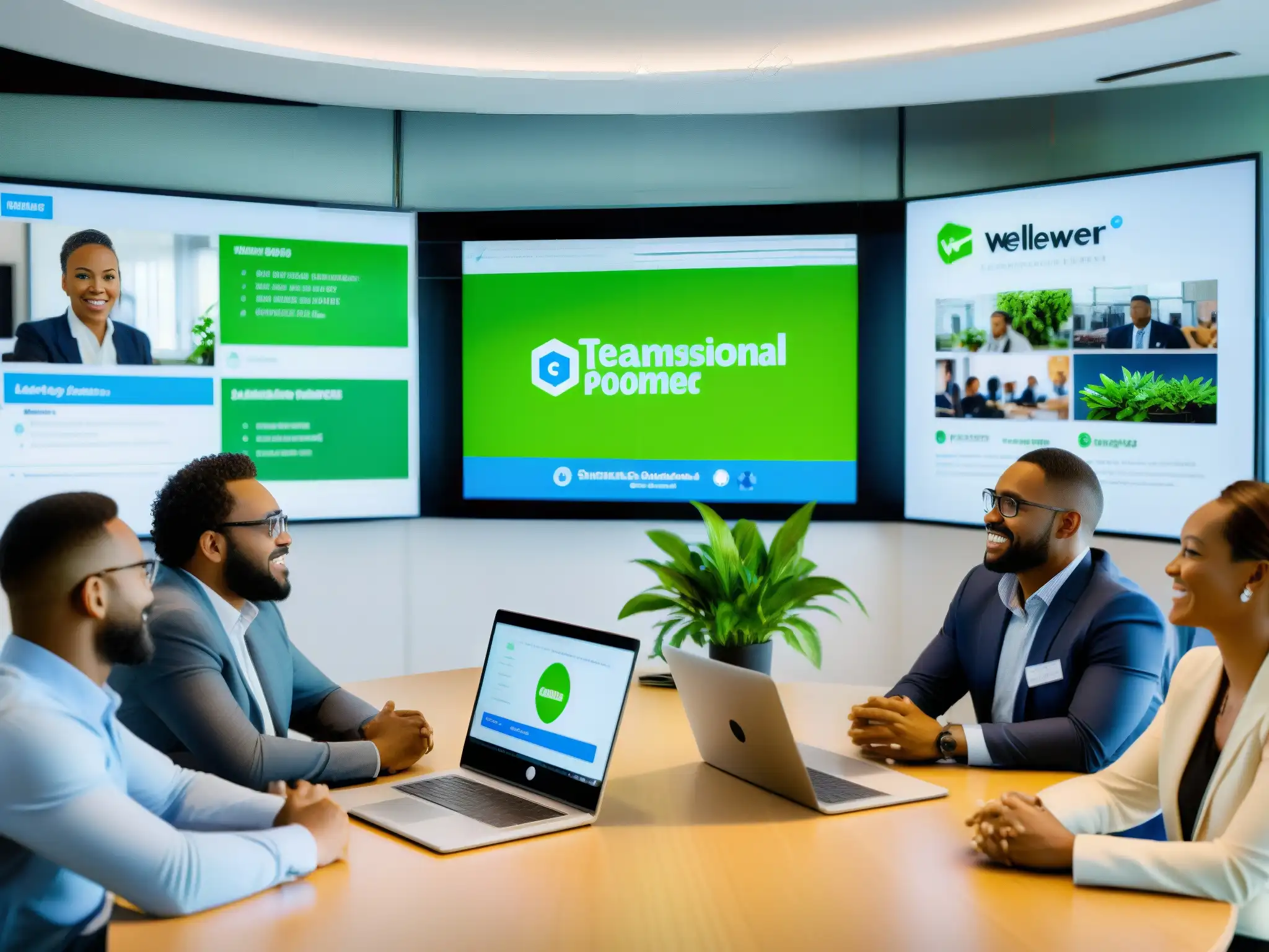 Equipo diverso de una ONG usa TeamViewer en videoconferencia Profesionales de ONGs adoptan videoconferencia con determinación en una sala luminosa y acogedora