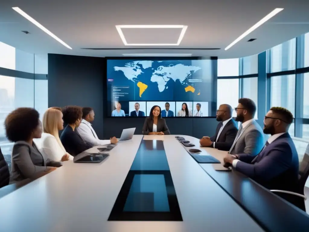 Reunión virtual global de profesionales Profesionales de diferentes partes del mundo participan activamente en una videoconferencia, demostrando colaboración y productividad