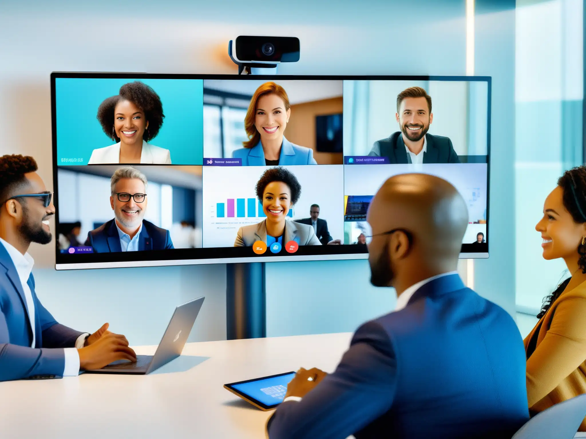 Profesionales globales colaboran en videoconferencia de Chime Profesionales de diferentes partes del mundo colaboran en una videoconferencia usando las herramientas de videoconferencia Chime