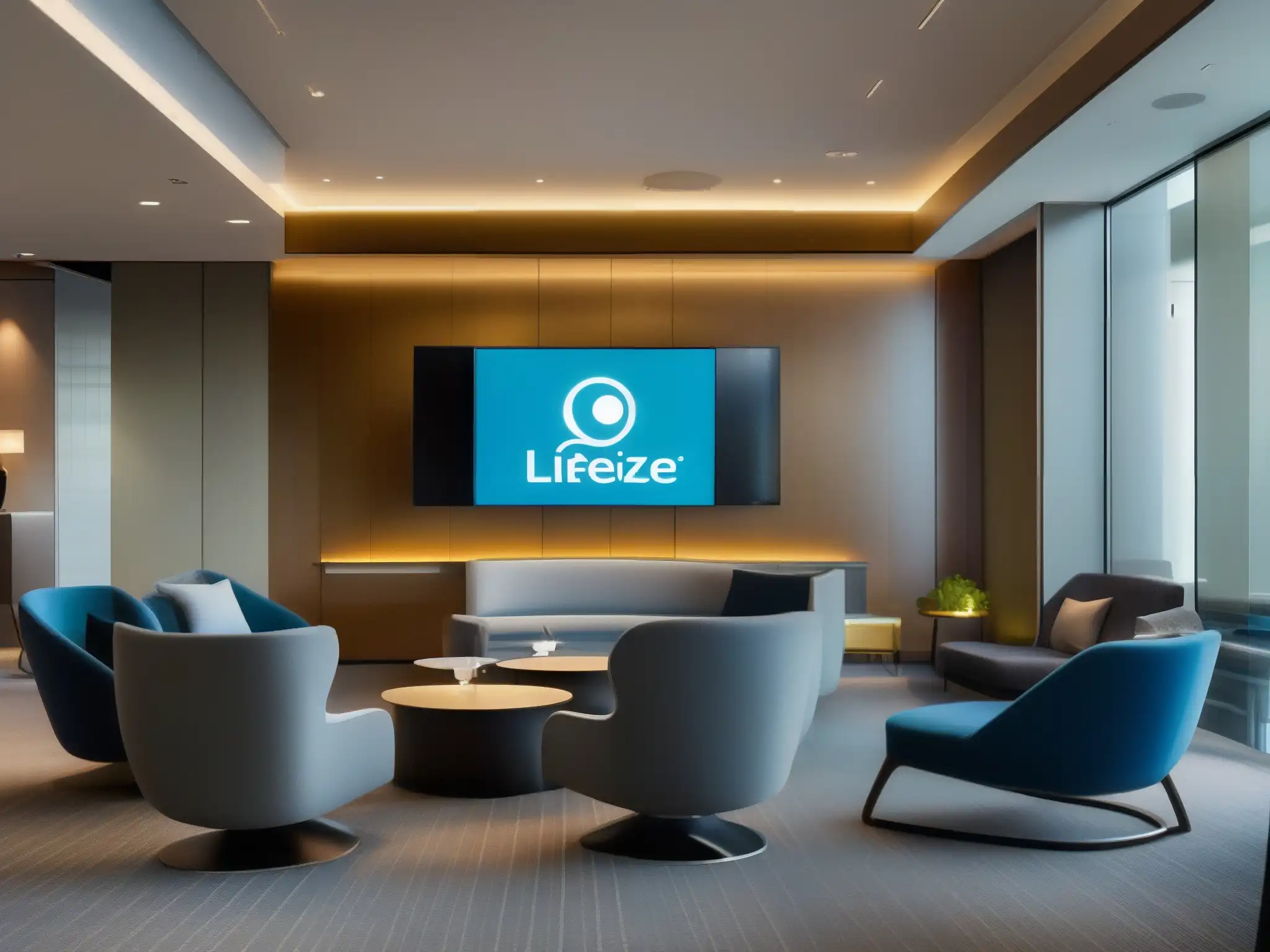 Lobby moderno con videoconferencia Lifesize en Hilton Profesionales y personal de hotel en videoconferencia, destacando el impacto de Lifesize en hotelería