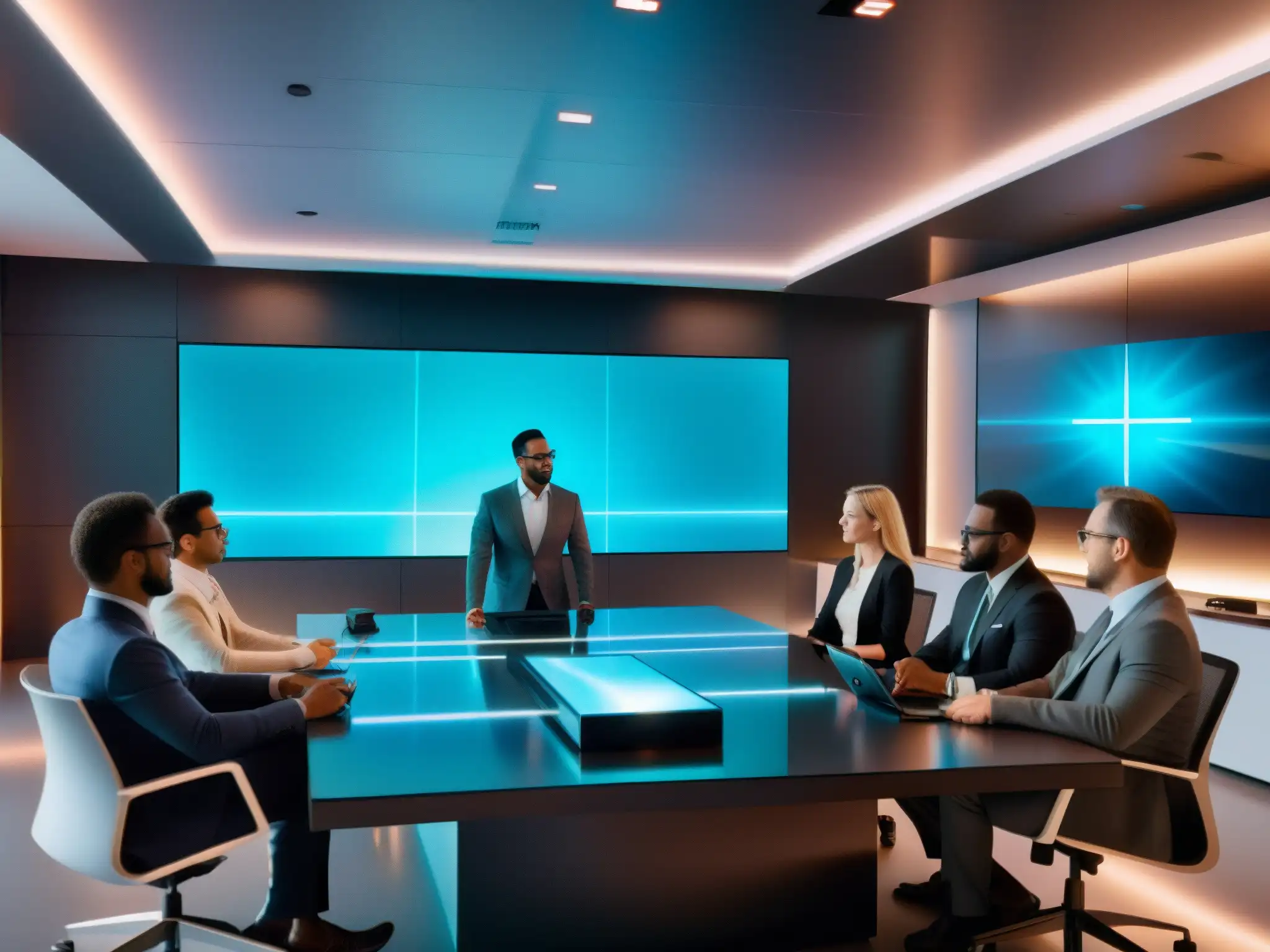 Conferencia holográfica AI: Innovación empresarial Profesionales utilizan plataforma de videoconferencia con inteligencia artificial en ambiente innovador y profesional