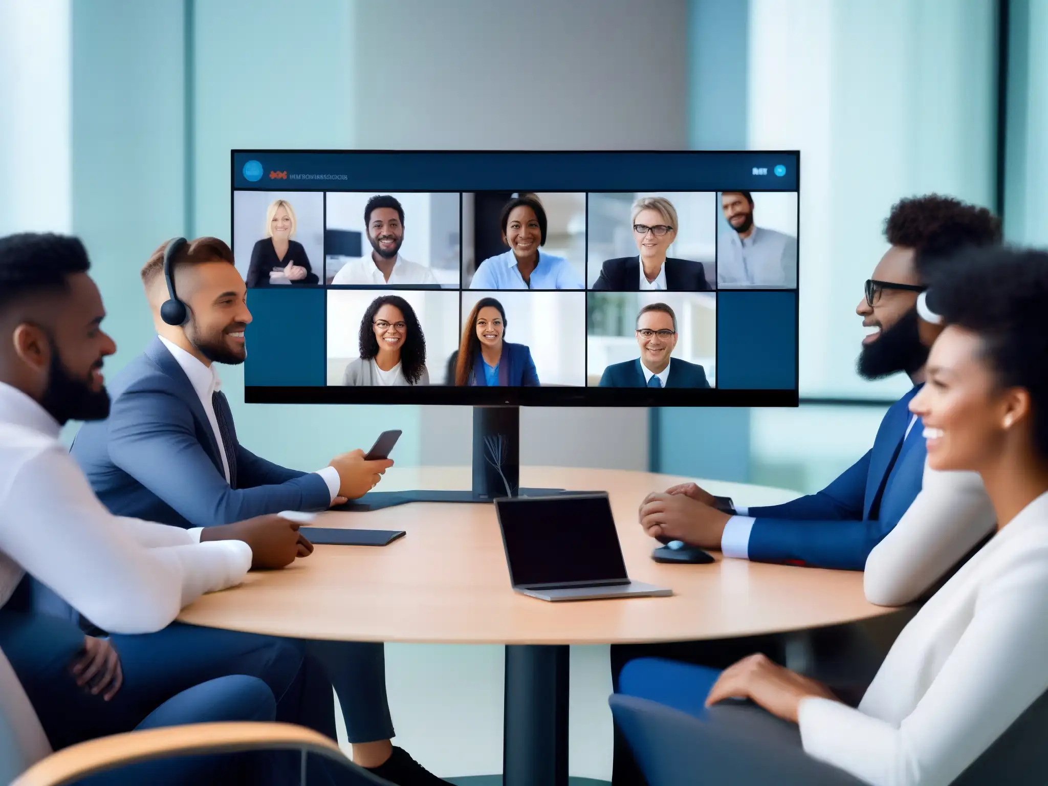 Profesionales resolviendo problemas en videoconferencia Profesionales resolviendo problemas técnicos en videoconferencia