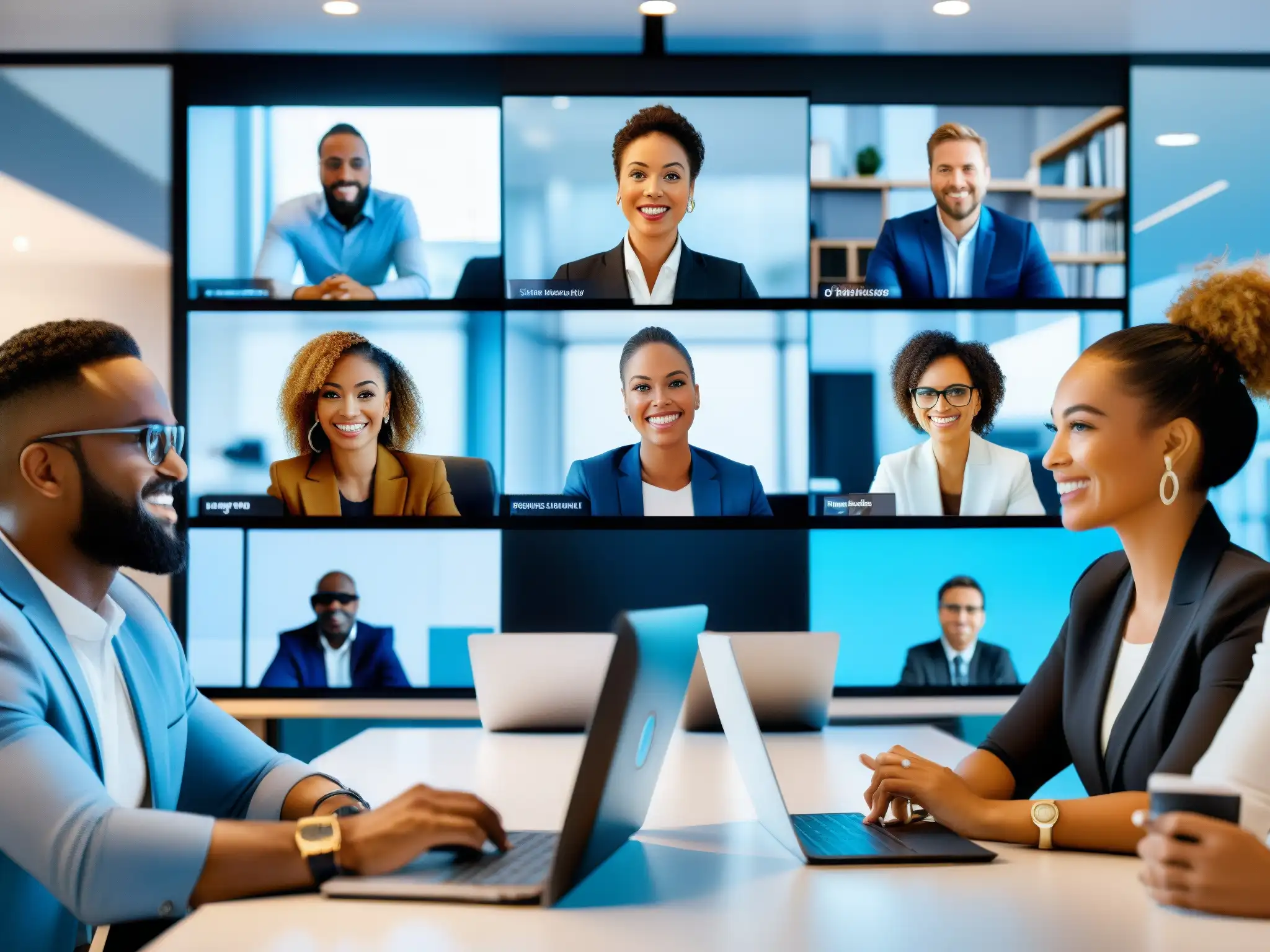 Equipo profesional diverso en videoconferencia 8k Profesionales resolviendo problemas en videoconferencia, evocando eficiencia y colaboración