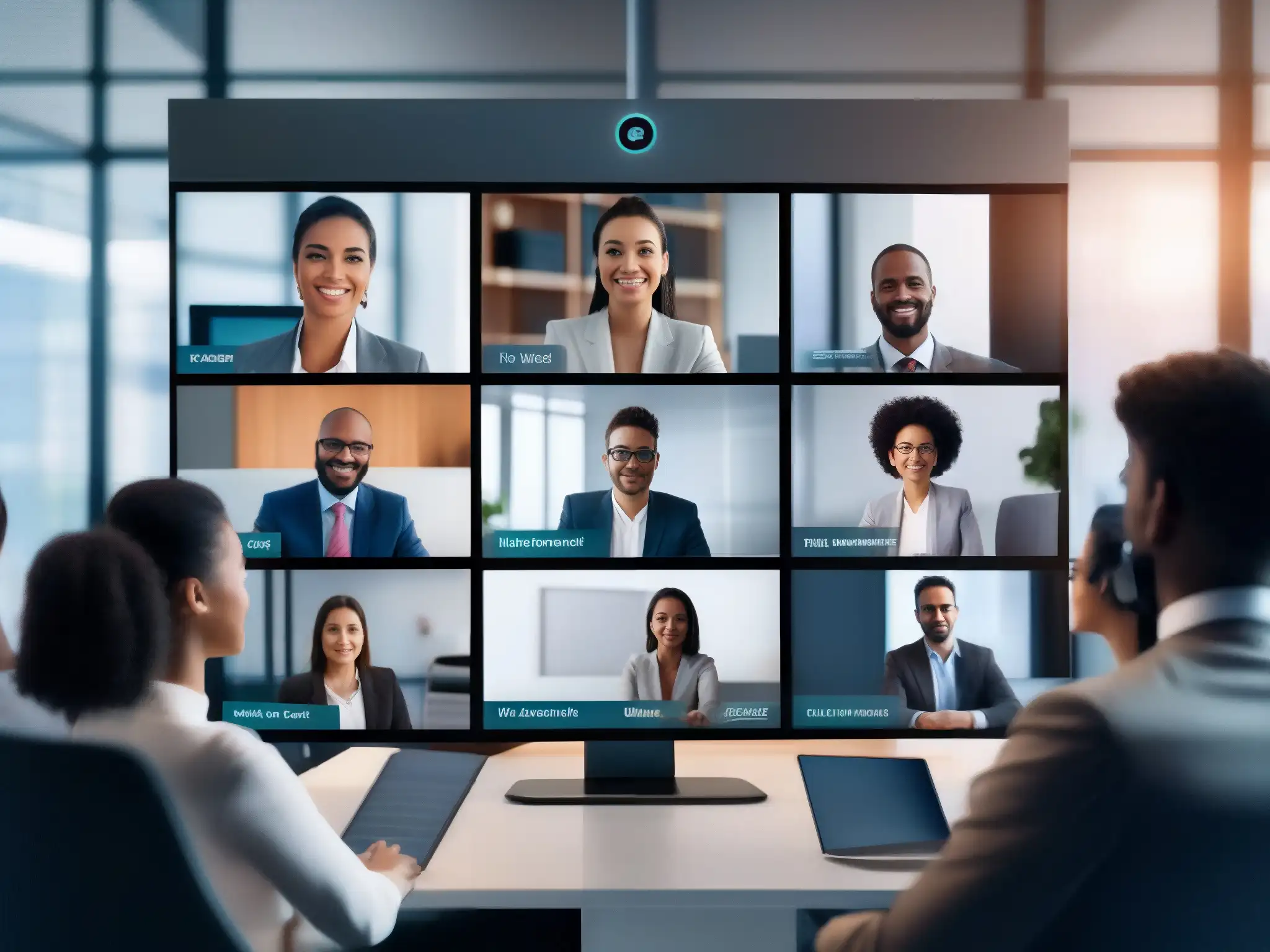 Profesionales seguros en videoconferencia Profesionales usando protocolos eficientes para videoconferencias seguras en una oficina moderna, transmitiendo seguridad y profesionalismo