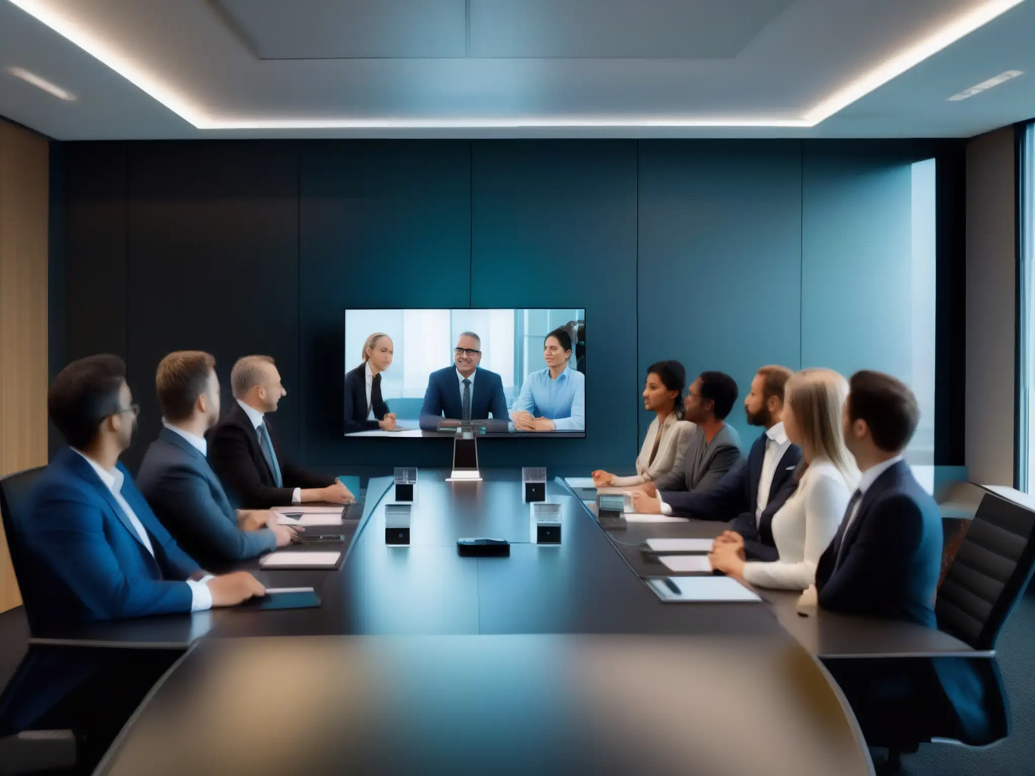Profesionales colaborando en protocolos de seguridad de videoconferencia Profesionales colaborando en protocolos de videoconferencias seguras para profesionales en una sala moderna y bien iluminada