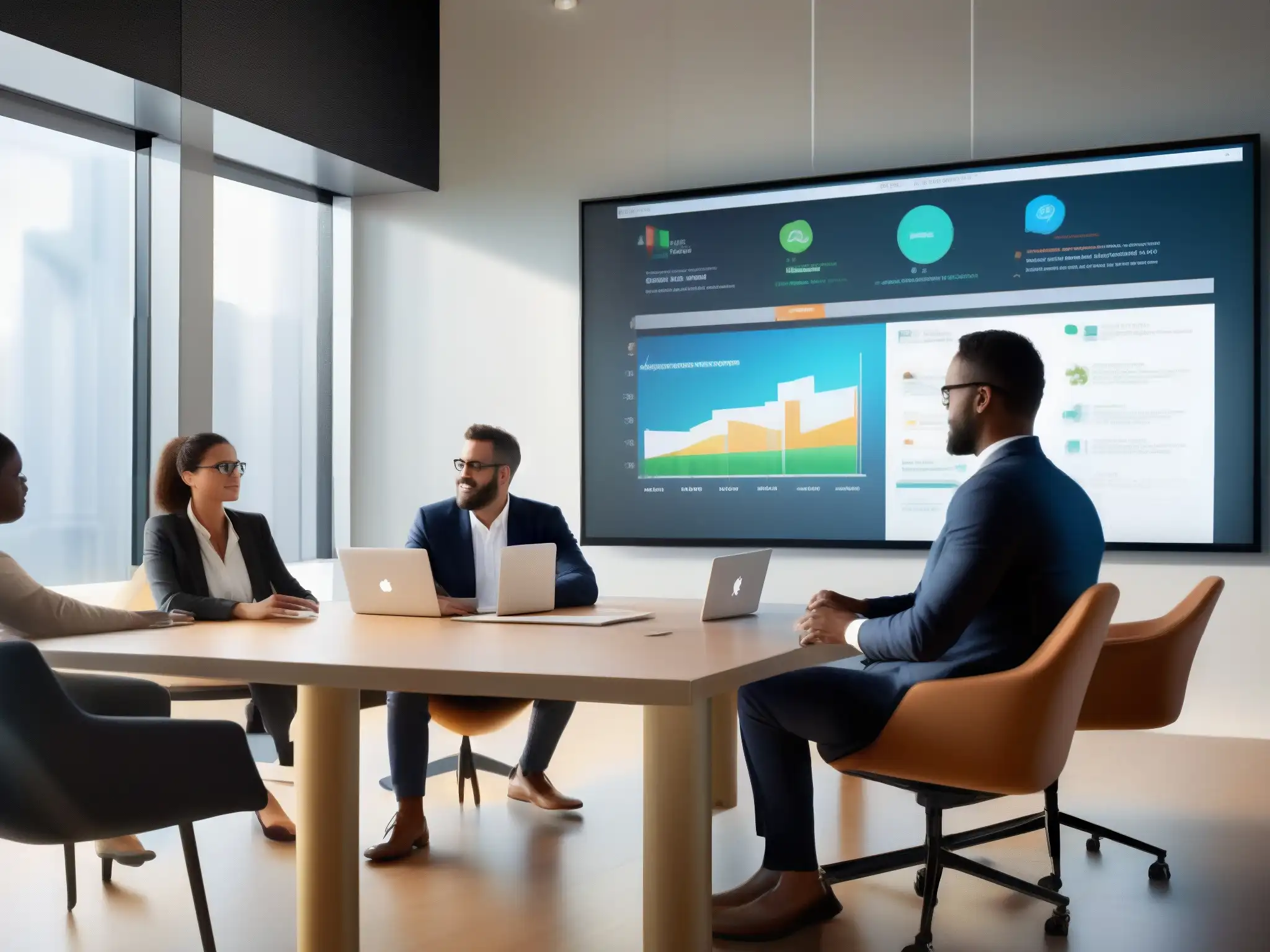 Profesionales colaborando en proyecto CRM en oficina moderna Profesionales colaborando en un proyecto CRM con Webex en una oficina moderna