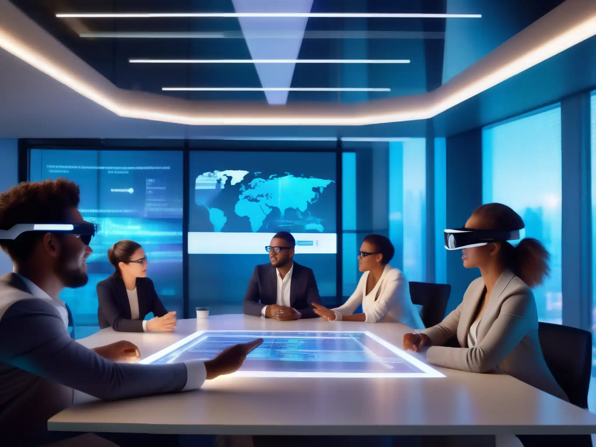 Equipo diverso colabora con realidad aumentada en oficina futurista Profesionales con realidad aumentada colaboran en modelo 3D, integración y videoconferencia en oficina moderna con vista a la ciudad