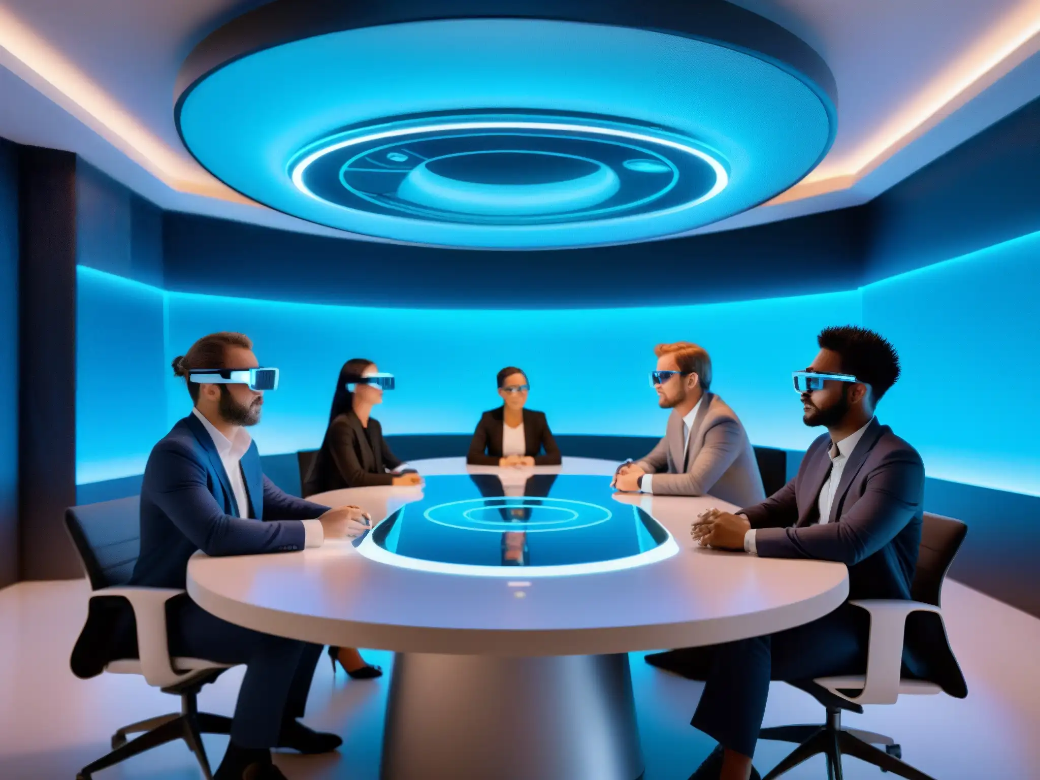 Reunión de profesionales con AR en mesa futurista Profesionales colaborando con Realidad Aumentada en videoconferencias en una atmósfera innovadora y productiva