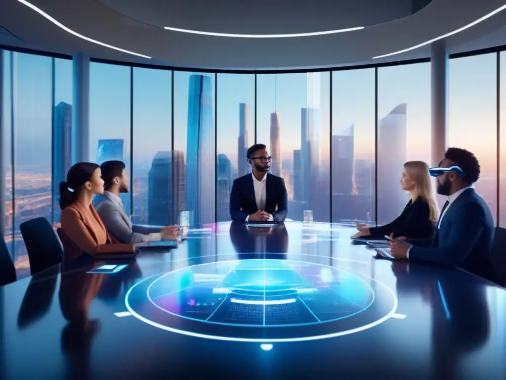 Reunión de profesionales con AR headsets y hologramas Profesionales usan realidad aumentada en videoconferencias