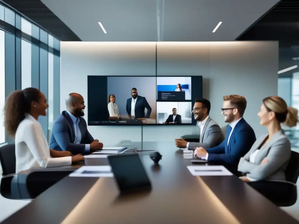 Reunión de negocios en oficina moderna con videoconferencia innovadora Profesionales reunidos en una oficina moderna, usando una plataforma de videoconferencia para sectores, transmitiendo profesionalismo e innovación