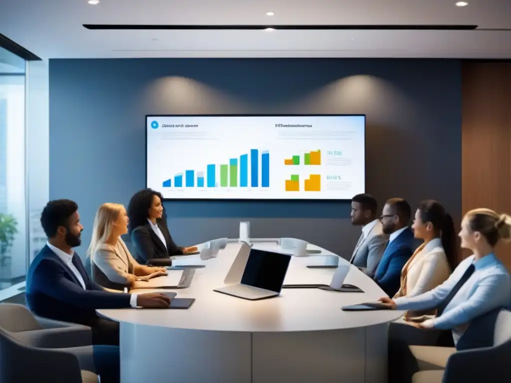 Integración perfecta de videoconferencia y CRM en la oficina moderna Profesionales reunidos en una oficina moderna con integración de Lifesize con CRM, promoviendo eficiencia y productividad