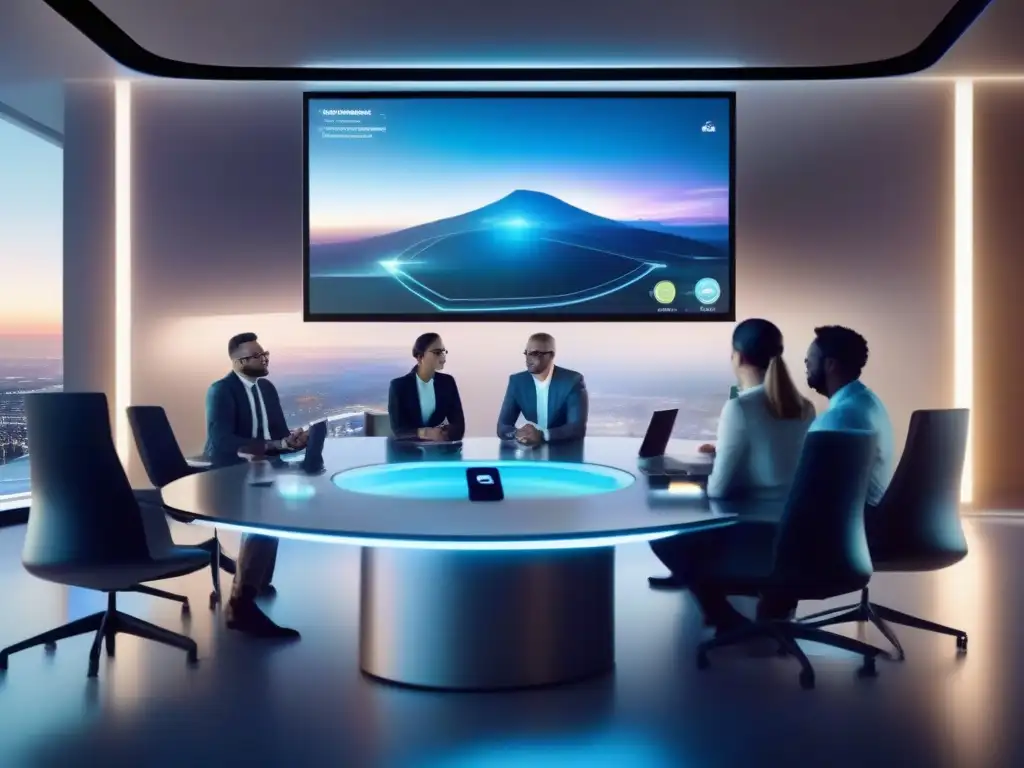 Reunión futurista con hologramas y realidad virtual Profesionales en reunión en un ambiente futurista con tecnología de videoconferencias y AI