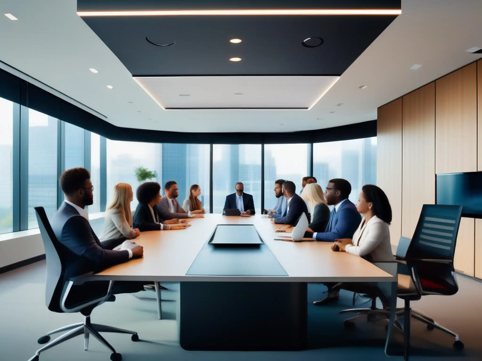 Sala de reuniones dinámica y colaborativa con tecnología moderna Profesionales colaboran en una reunión dinámica en una oficina moderna con tecnología de vanguardia