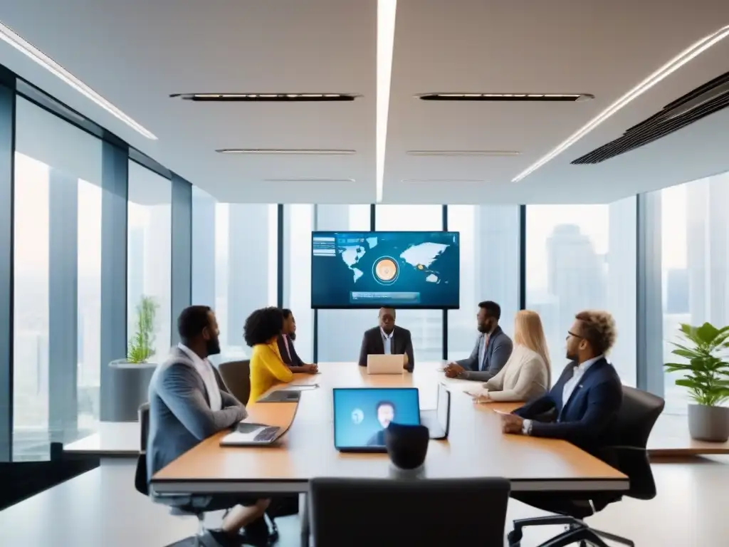 Reunión virtual global en oficina moderna Profesionales en reunión virtual, ambiente dinámico y eficiente