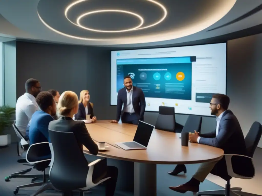 Reunión productiva en oficina moderna con GoToMeeting Profesionales colaborando en una reunión eficiente con integración GoToMeeting sistema CRM, en una moderna oficina