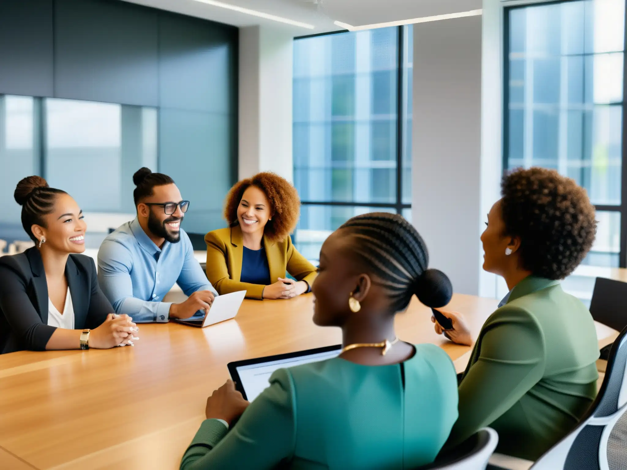 Reunión inclusiva: diversidad y colaboración en la oficina Profesionales diversos participan en una reunión inclusiva y colaborativa en una oficina moderna