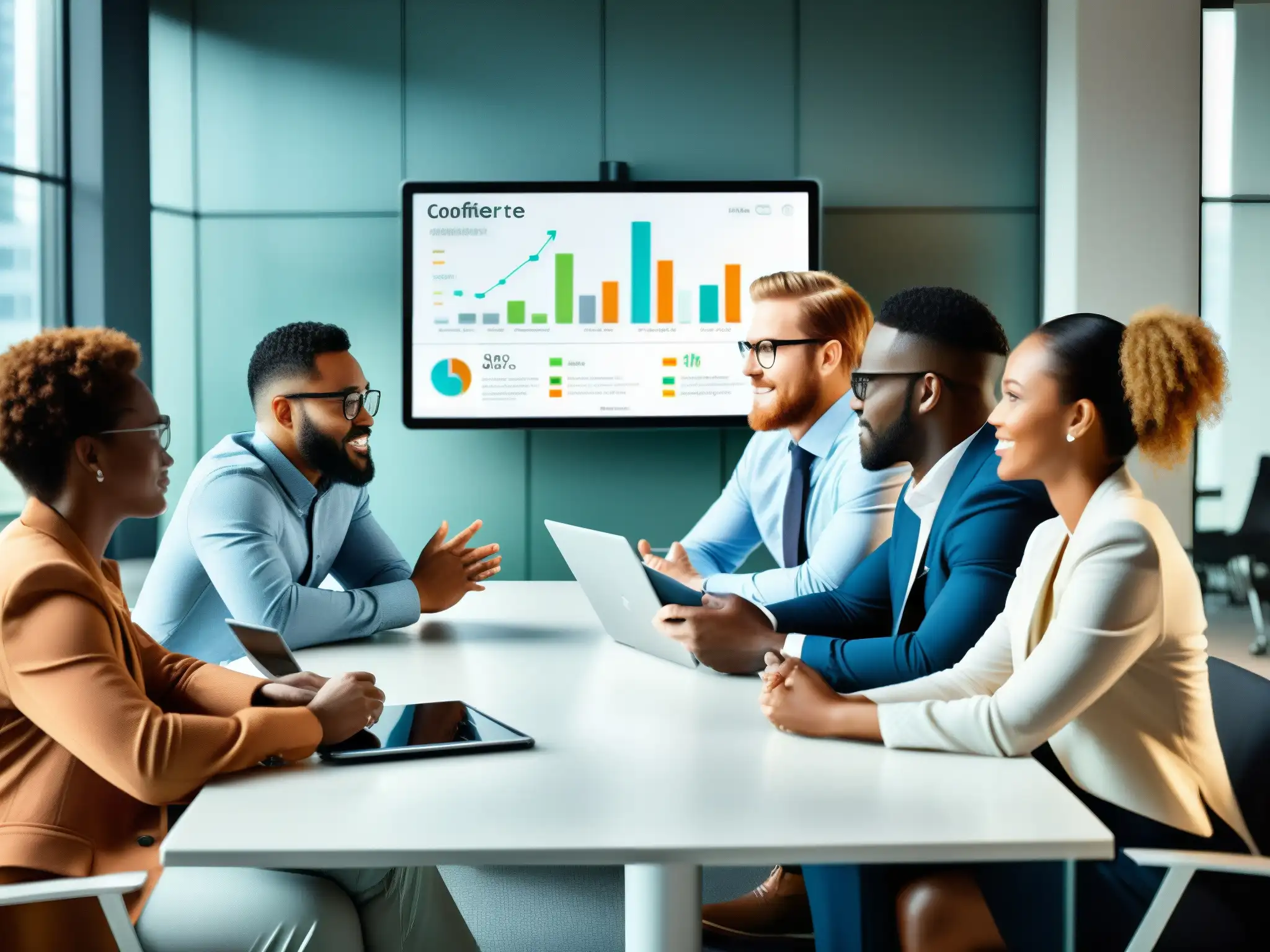 Reunión de Profesionales Diversos en una Sala de Conferencias Moderna Profesionales colaborando en una reunión de integración GoToMeeting sistema CRM en una sala moderna con luz natural