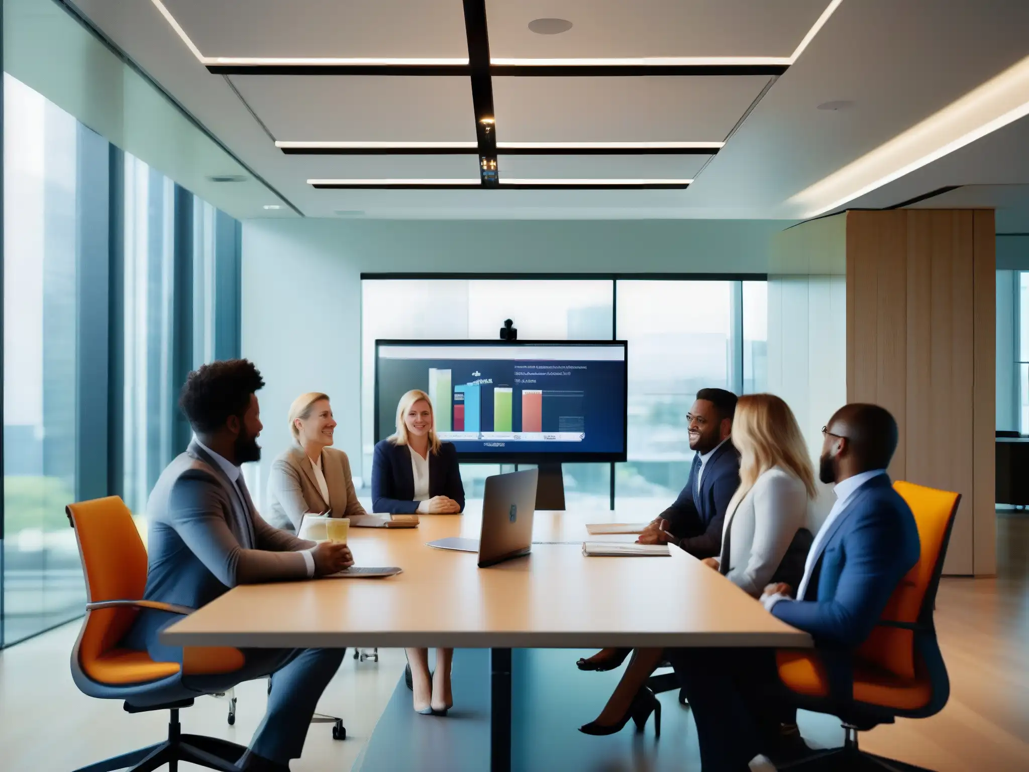 Reunión de negocios en oficina moderna con videoconferencia Profesionales en reunión de negocios con herramientas de videoconferencia en una oficina moderna, integrando facturación