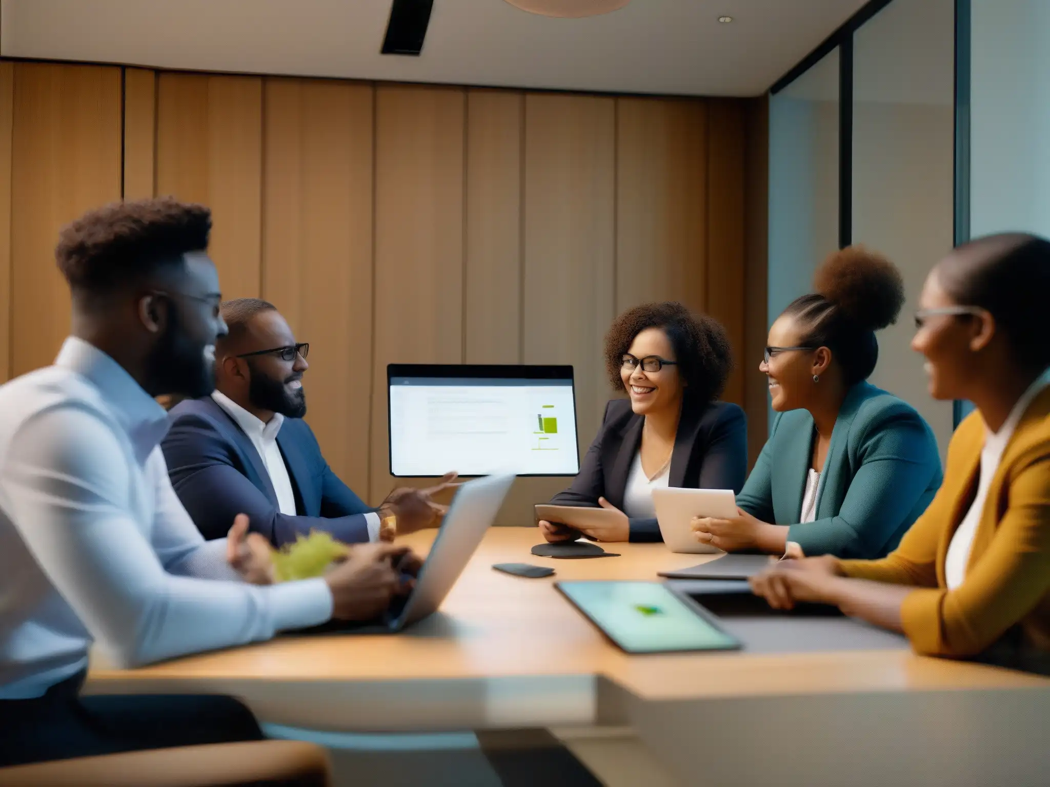 Reunión profesional con Jitsi Meet: colaboración dinámica Profesionales colaborando en reunión con Jitsi Meet para mejorar productividad y colaboración