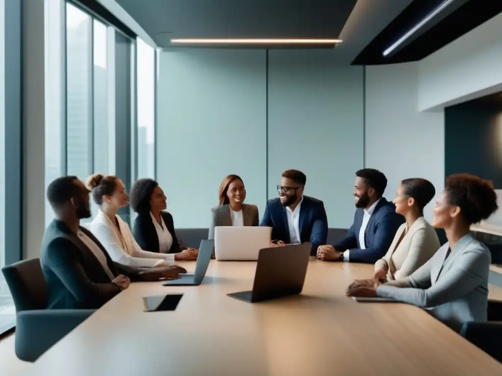 Reunión virtual de profesionales en sala luminosa Profesionales en reunión online, colaboración y productividad en un espacio moderno