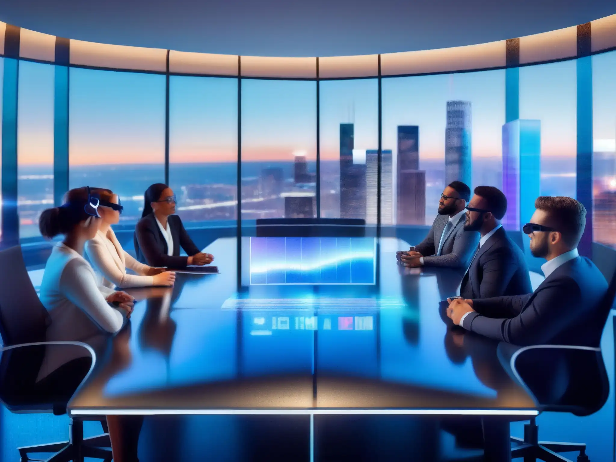 Reunión de profesionales con realidad aumentada Profesionales en reunión de realidad aumentada discuten gráficos holográficos