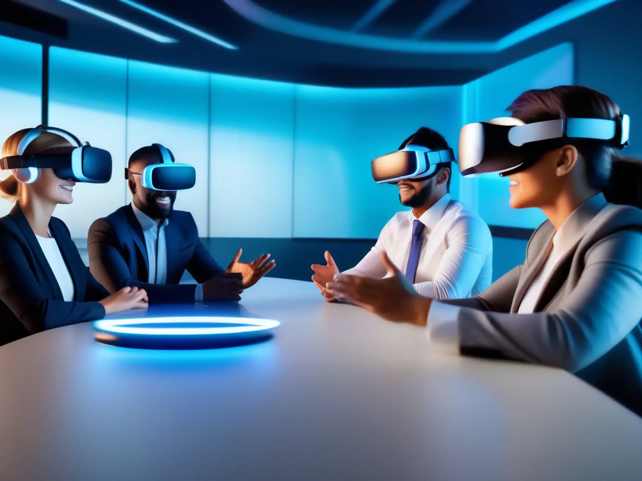 Reunión virtual en oficina futurista: profesionales con realidad virtual Profesionales en reunión de realidad virtual en una oficina futurista con tecnología de vanguardia