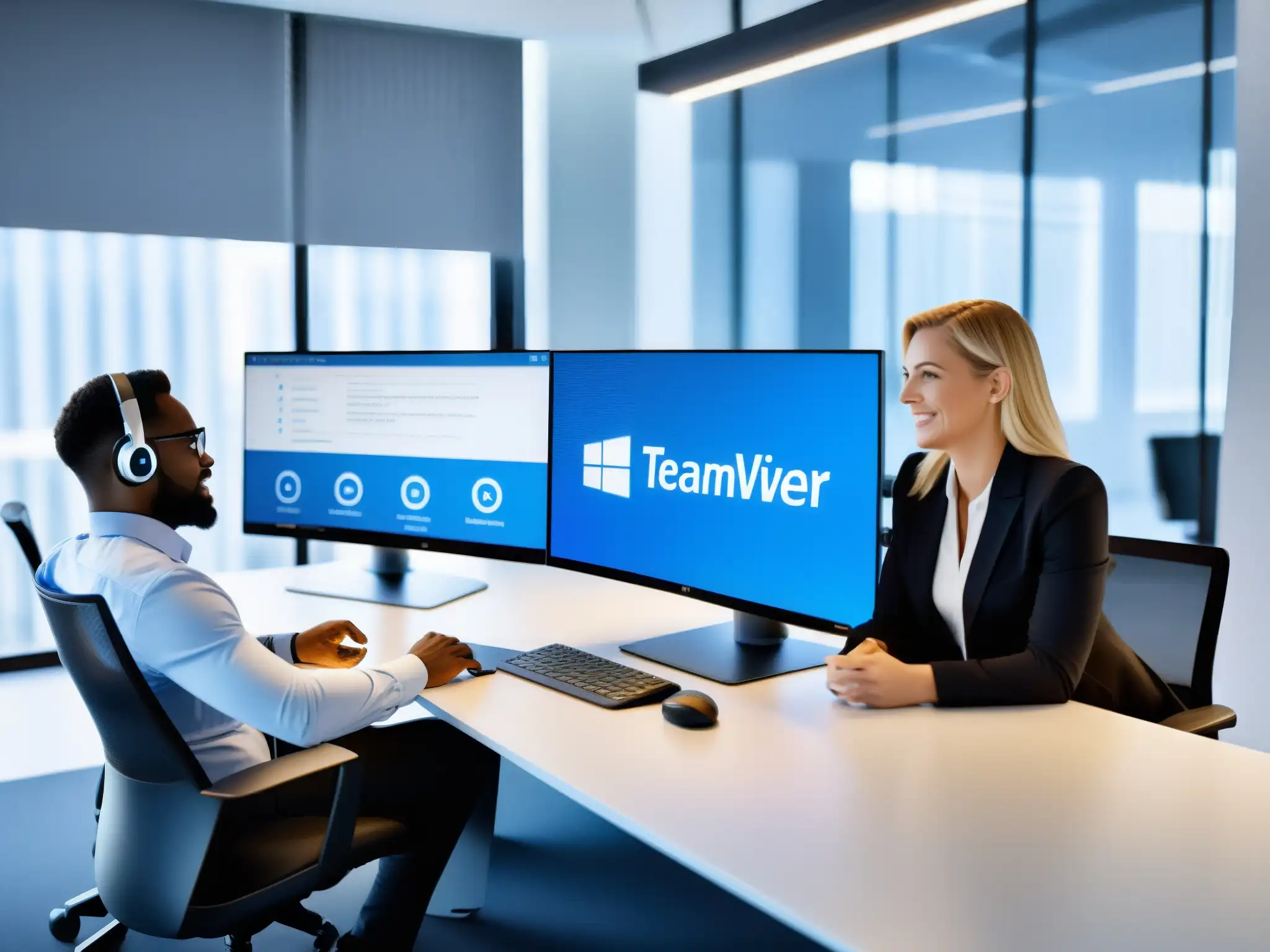 Equipo profesional utiliza TeamViewer para soporte remoto Profesionales en una reunión remota usando TeamViewer, reflejando eficiencia y colaboración