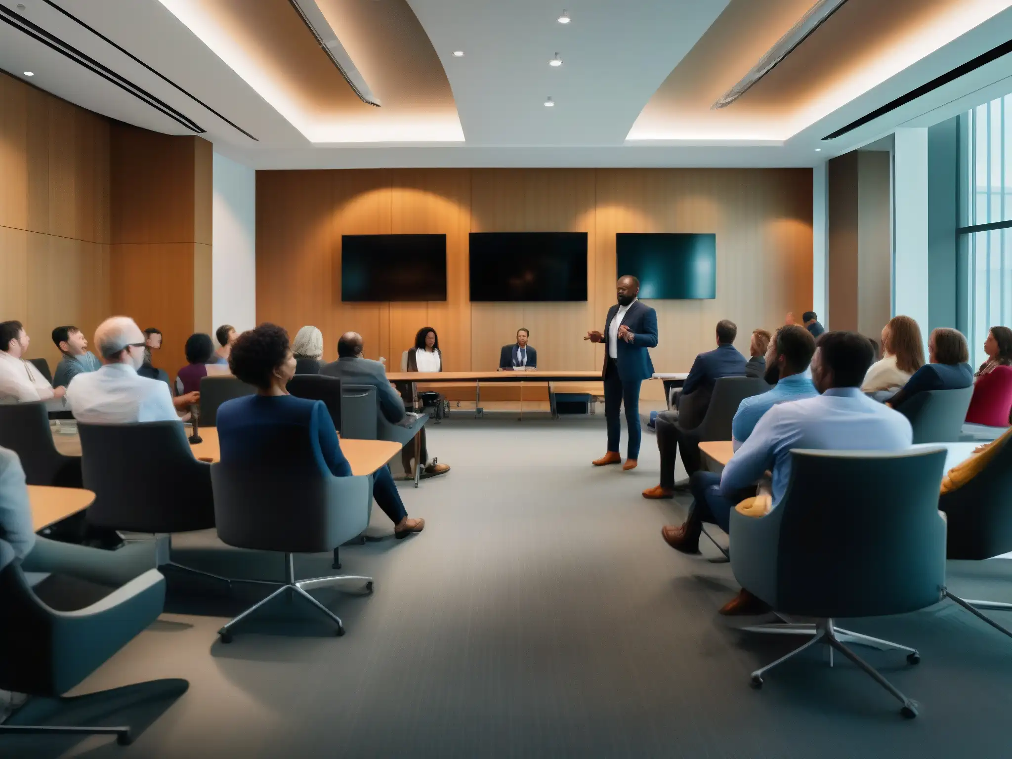 Conferencia profesional en sala iluminada con 8k Profesionales participando en una reunión en una sala bien iluminada, con equipo AV moderno y ambiente productivo