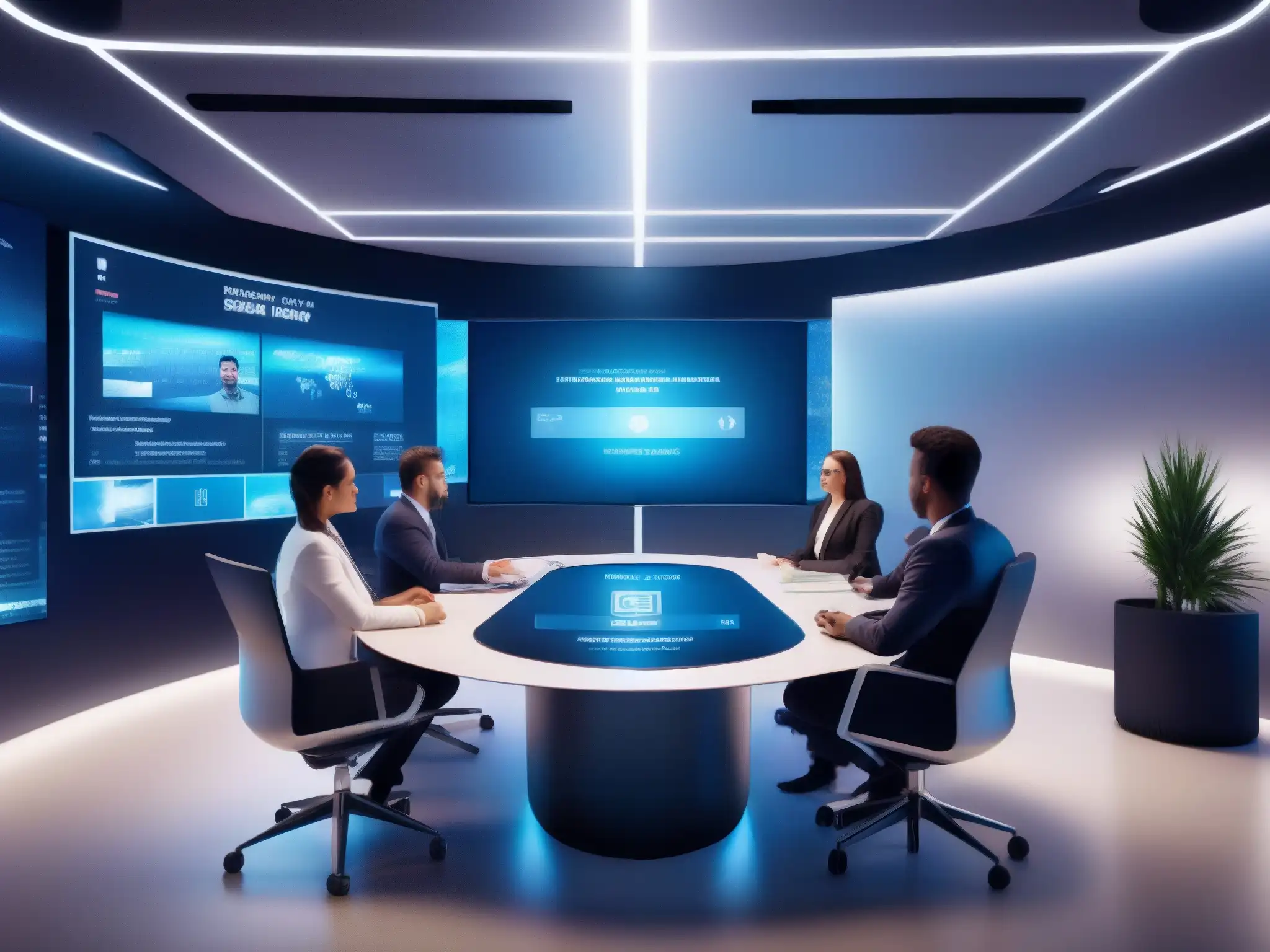 Sala de reuniones virtuales ultra detallada con medidas de seguridad de alta tecnología y diversidad profesional Profesionales en reunión virtual segura con protocolos seguridad salas espera virtuales