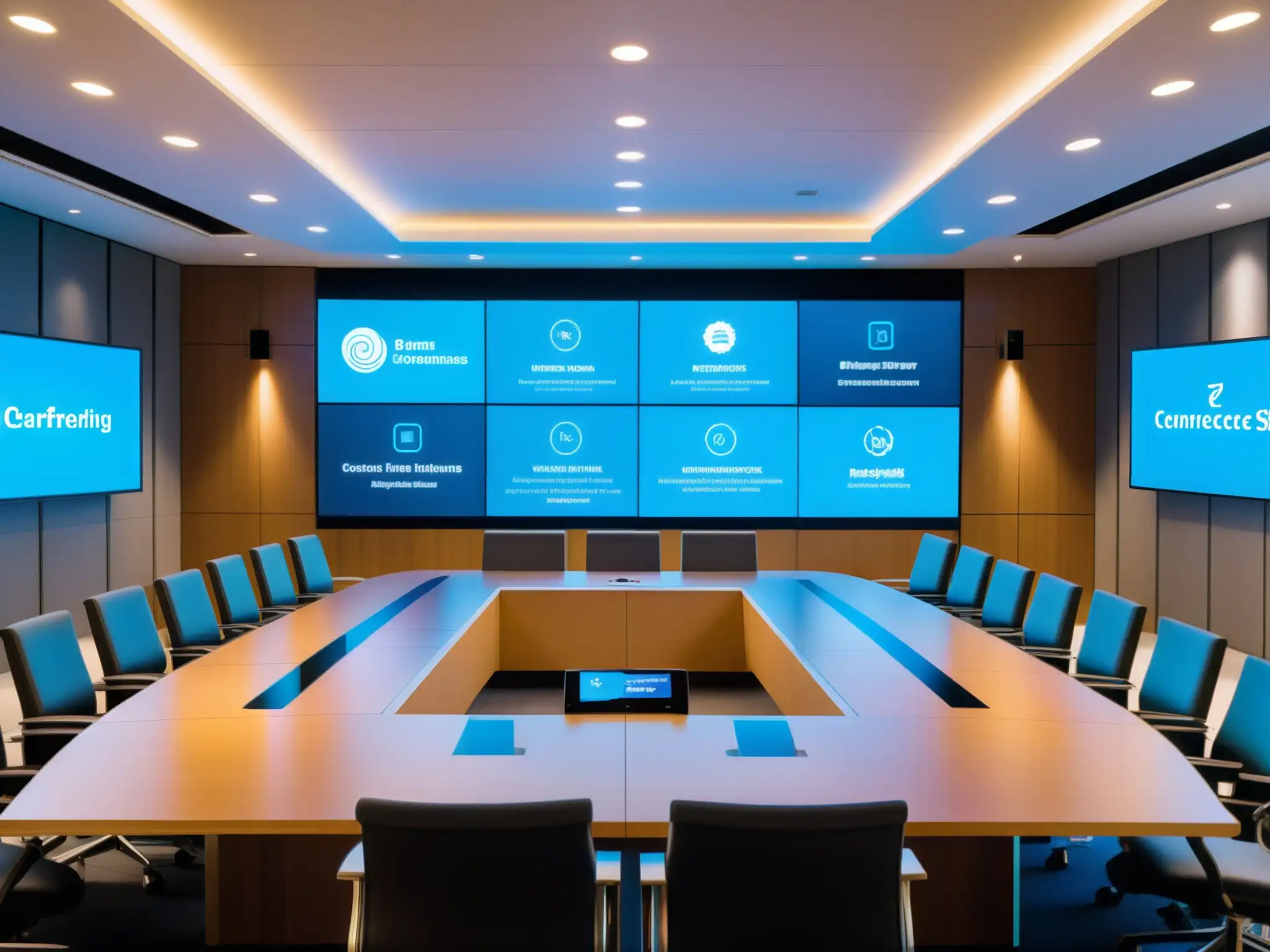 Sala de conferencias moderna con videoconferencia de alta tecnología Profesionales en reunión de trabajo con herramientas de videoconferencia de alta tecnología, mostrando el valor de la inversión en videoconferencia