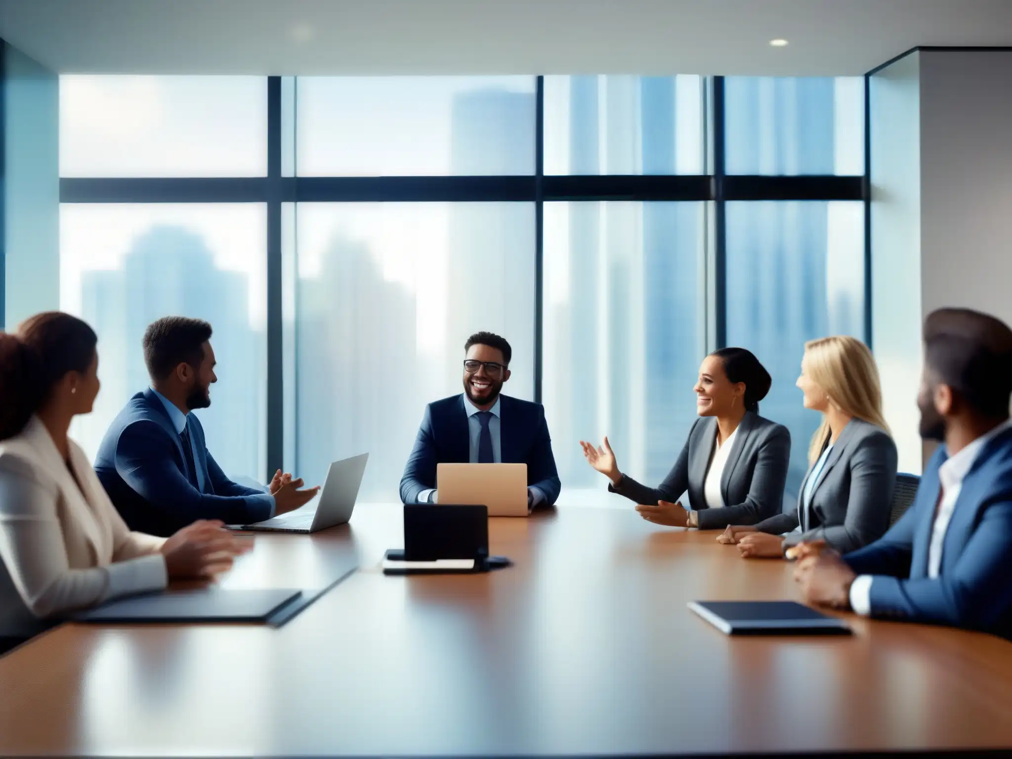 Reunión de ventas exitosa con Highfive Profesionales en una reunión de ventas exitosa, usando herramientas de videoconferencia para reuniones de ventas en una sala moderna y luminosa